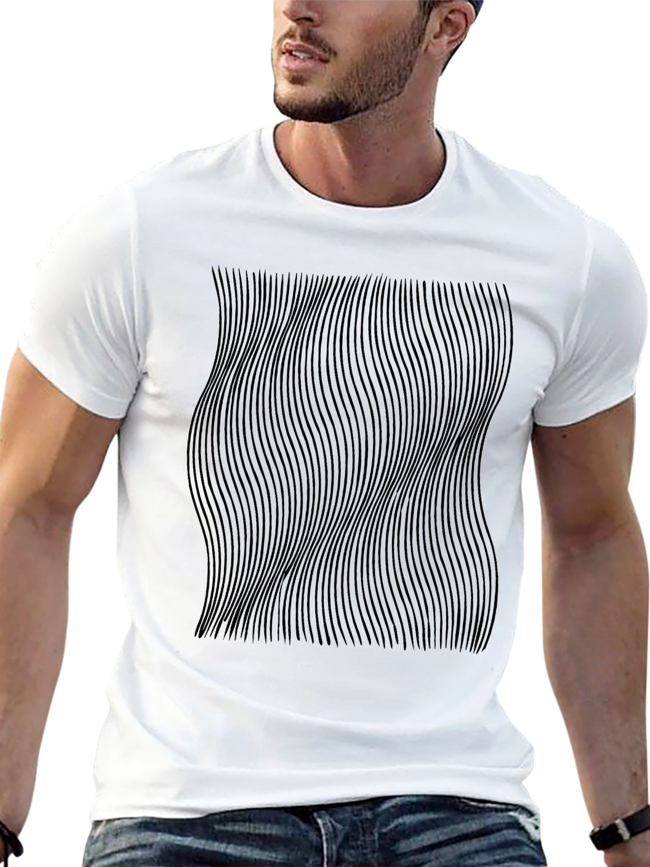 Optical Illusion Black T-Shirt - Wavy Lines Design