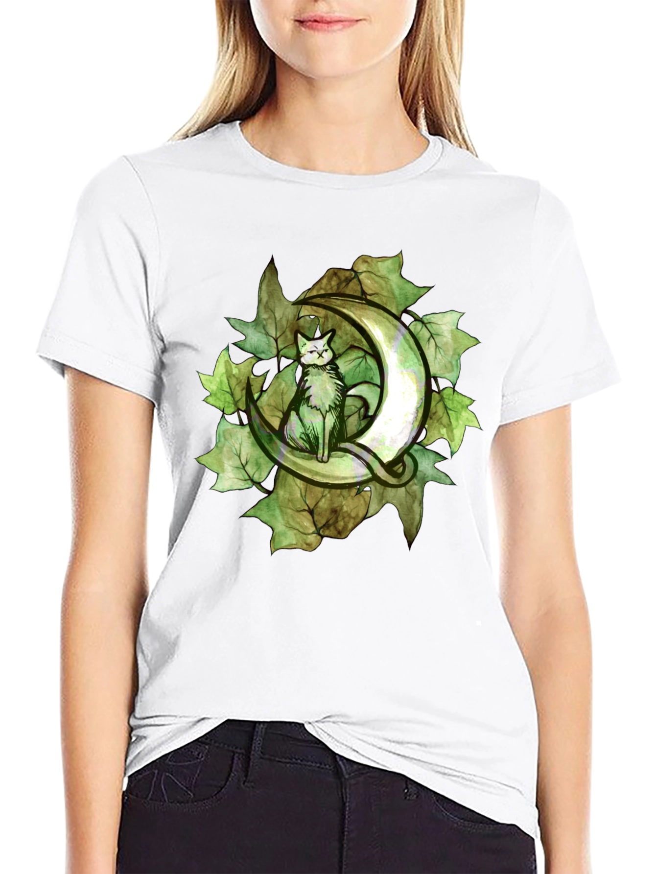 Cat on Crescent Moon T-Shirt - Green Leaf Design