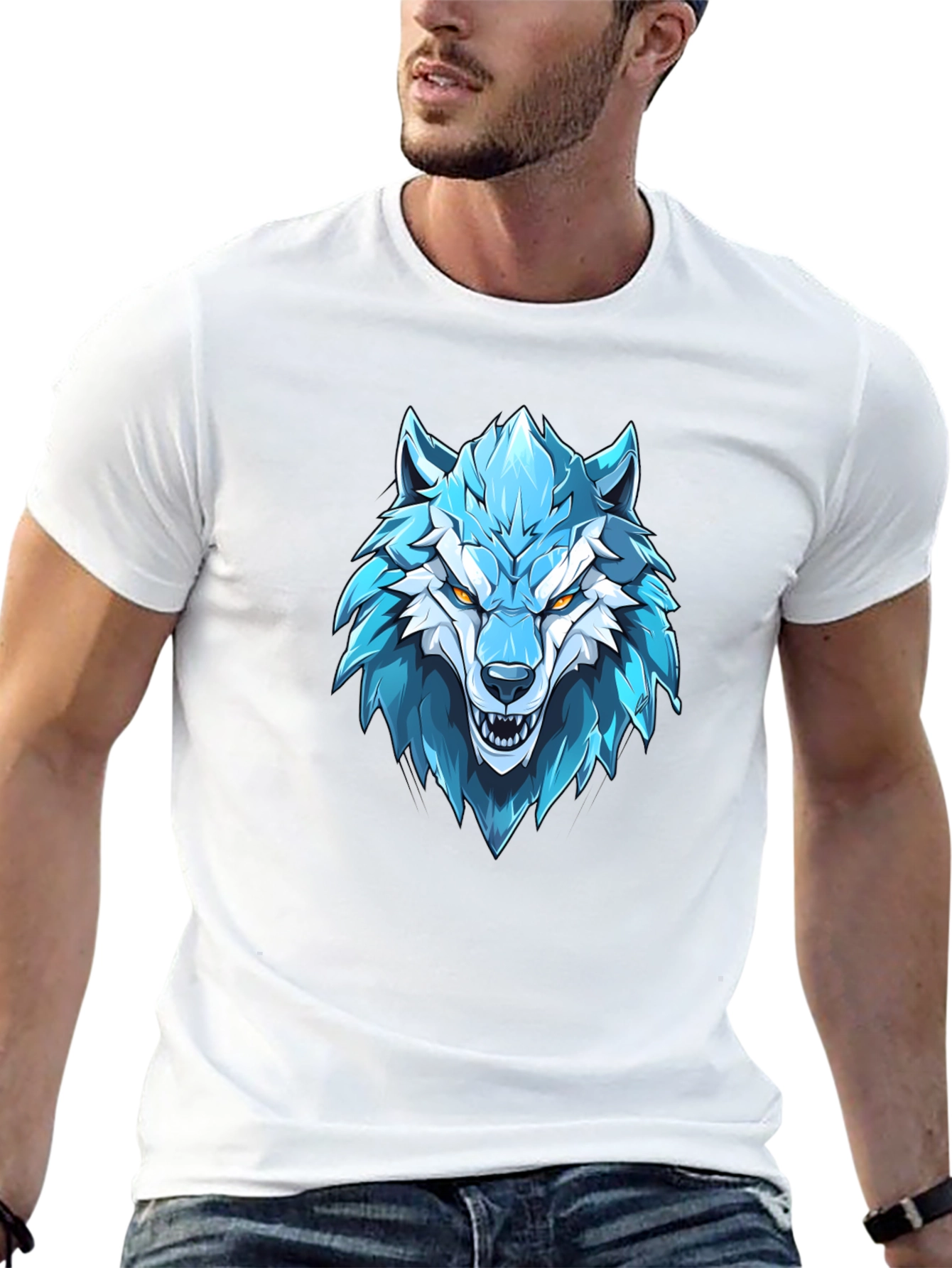 Blue Wolf Graphic Print Black T-Shirt