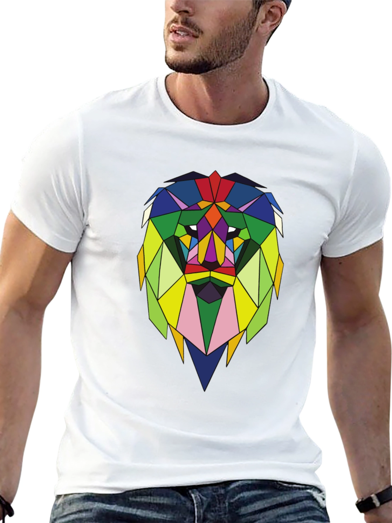 Geometric Lion Graphic Tee - Stylish Mens Black T-Shirt