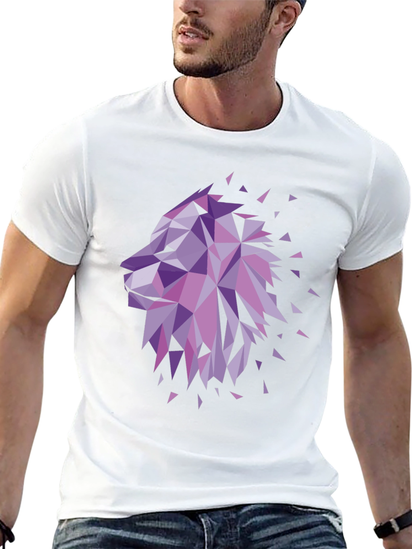 Geometric Lion Head Graphic Tee - Black