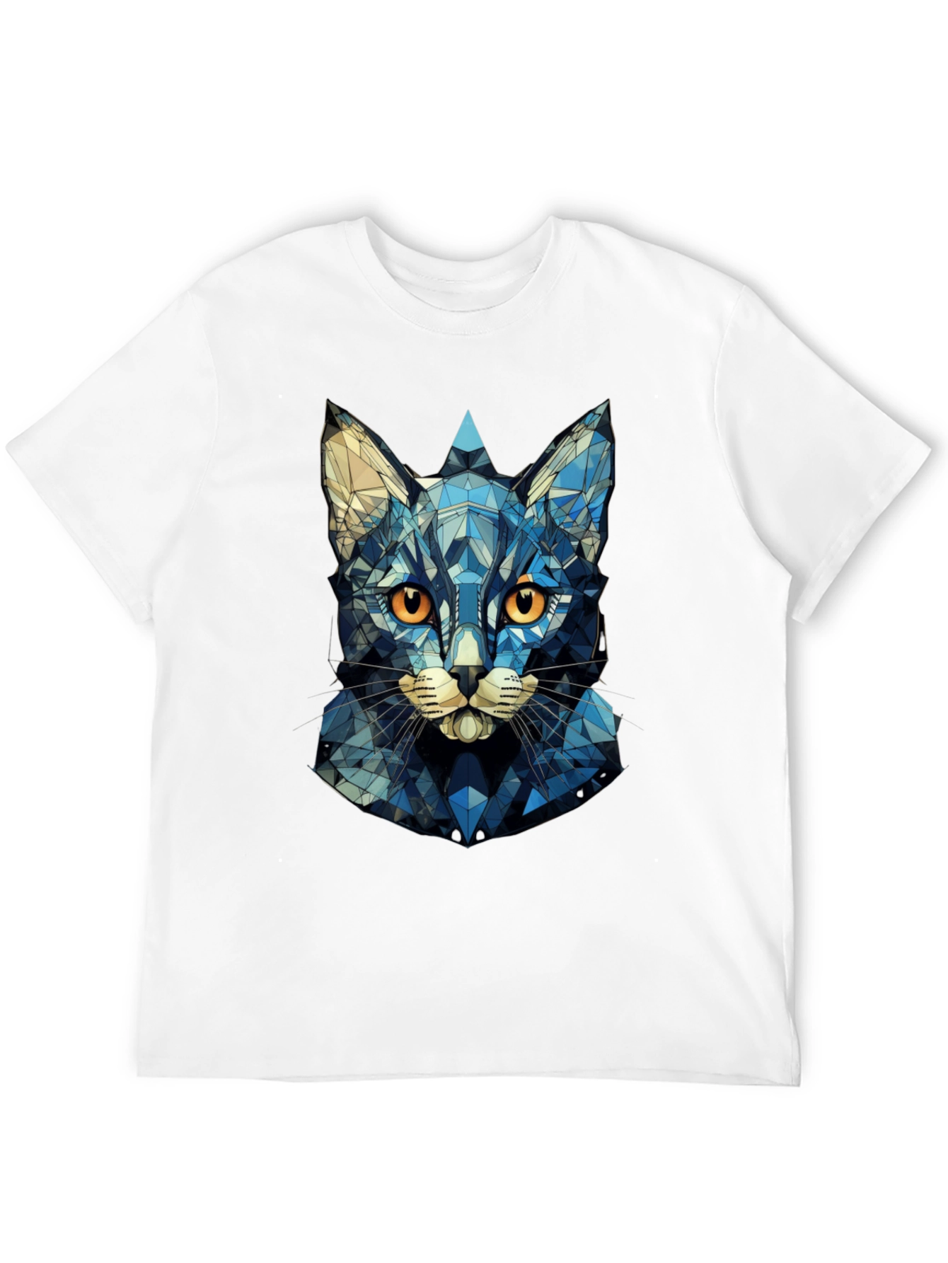 Geometric Blue Cat Graphic Print T-Shirt