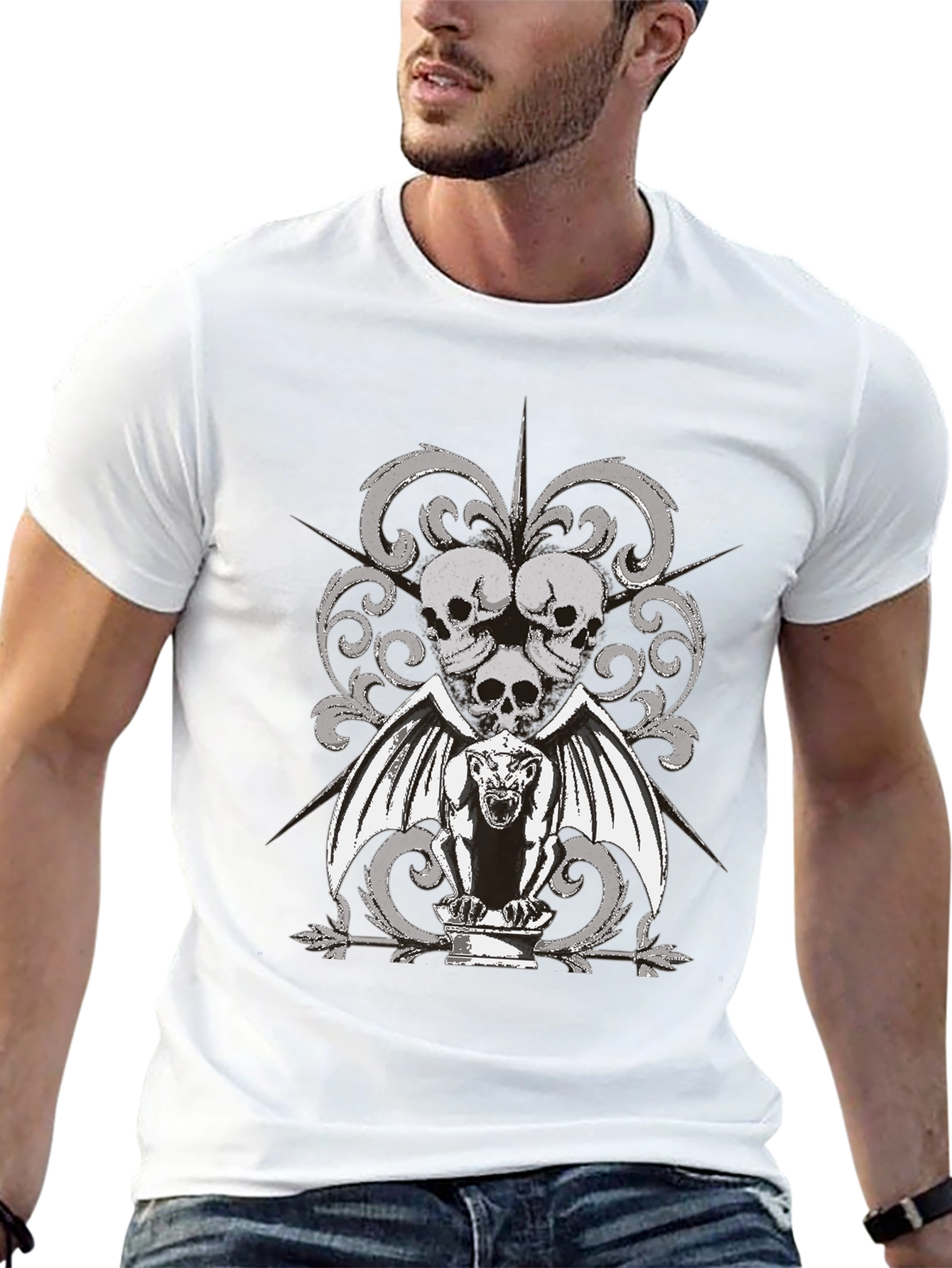 Gothic Skull & Gargoyle Graphic T-Shirt - Black