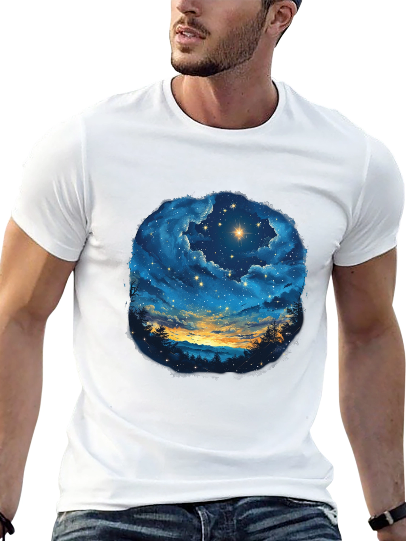 Starry Night Sky Graphic Tee - Black Cotton T-Shirt