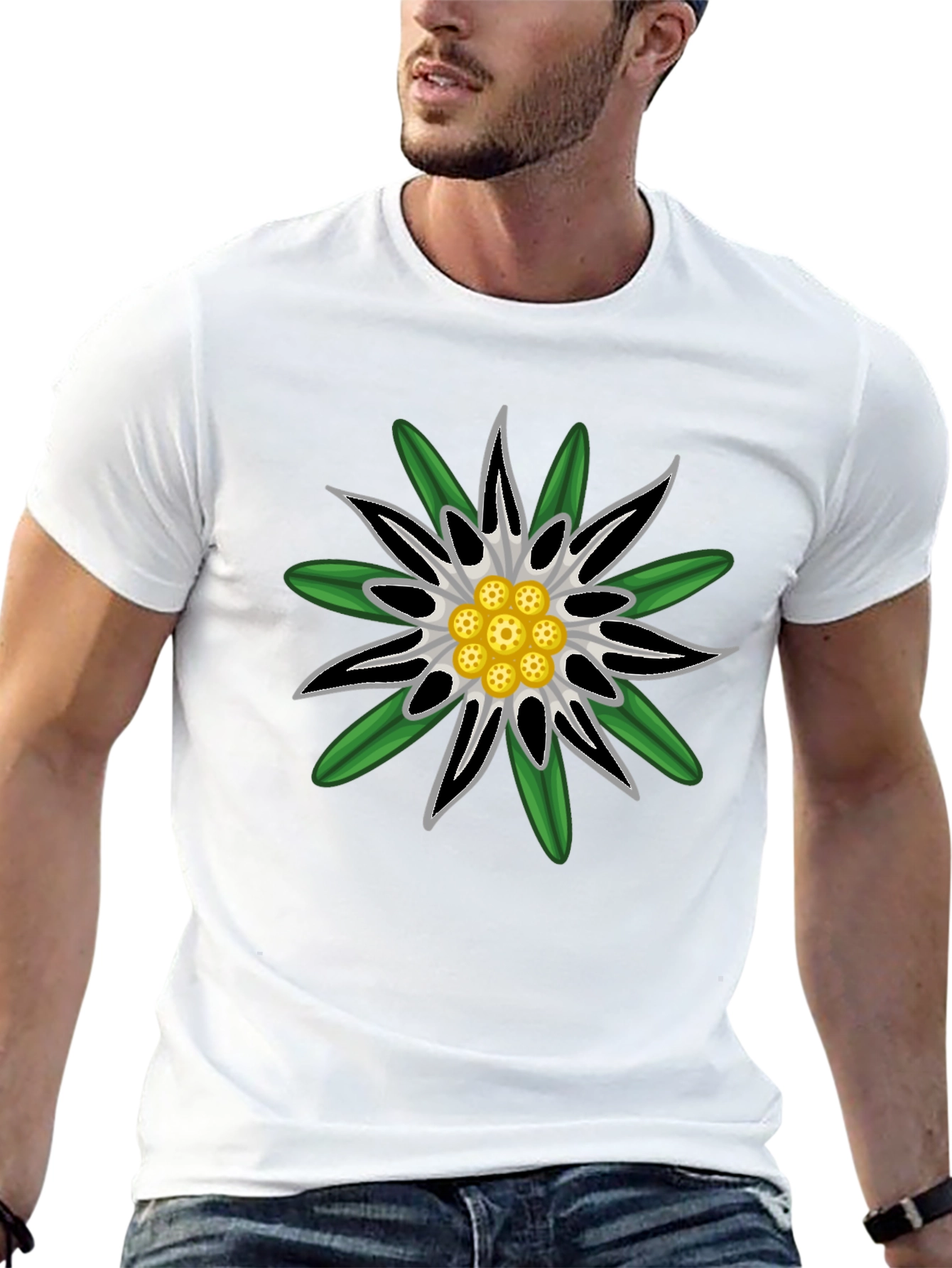 Edelweiss Flower Graphic T-Shirt - Black Cotton Tee
