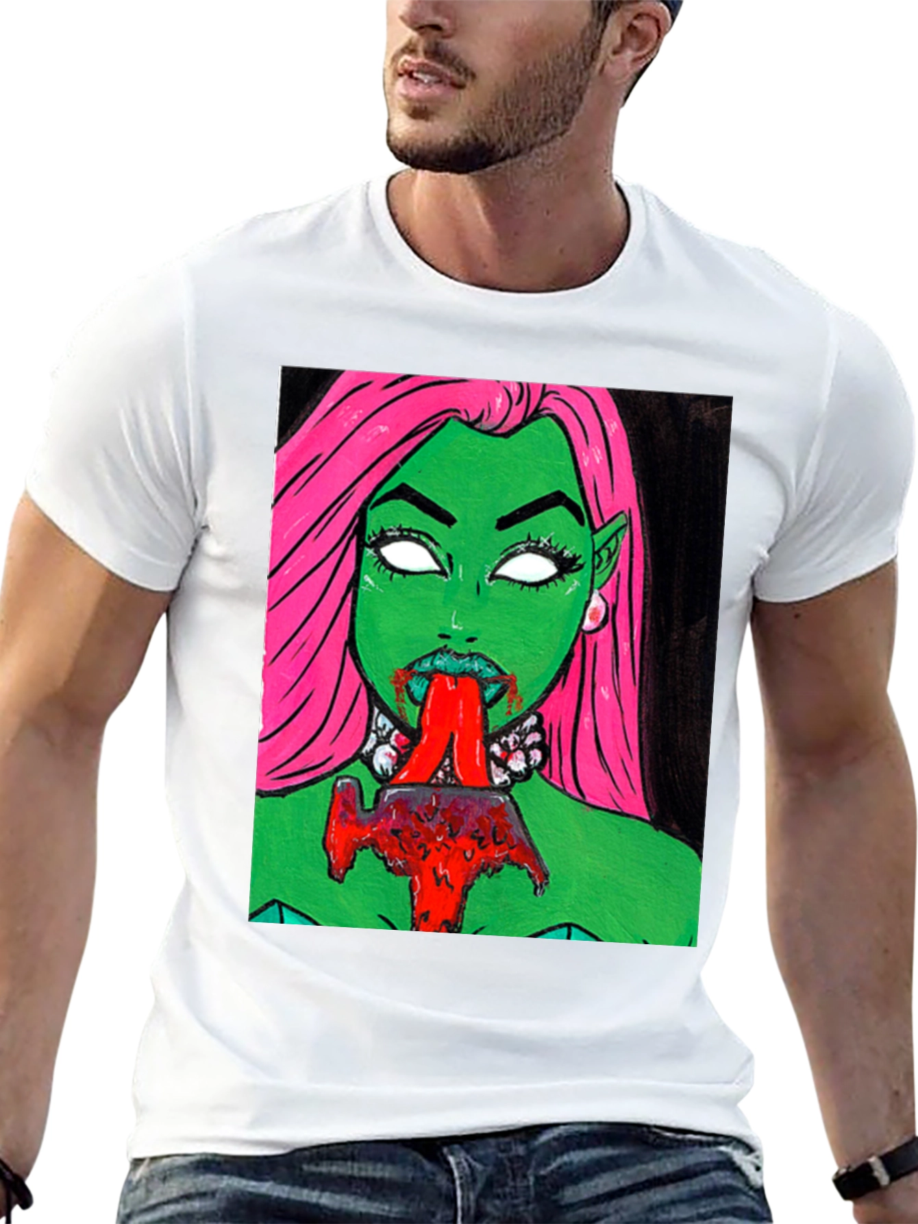 Graphic Print Tee: Green Vampire with Pink Hair