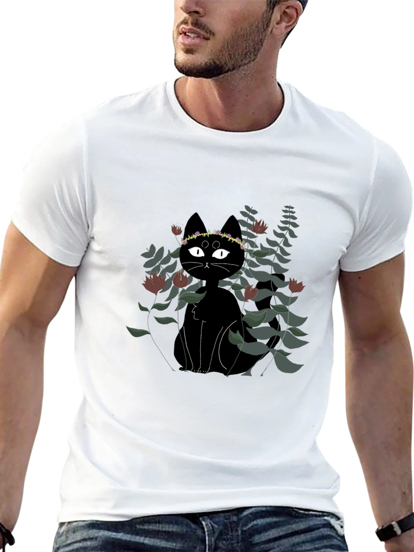 Black Cat Floral Crown T-Shirt