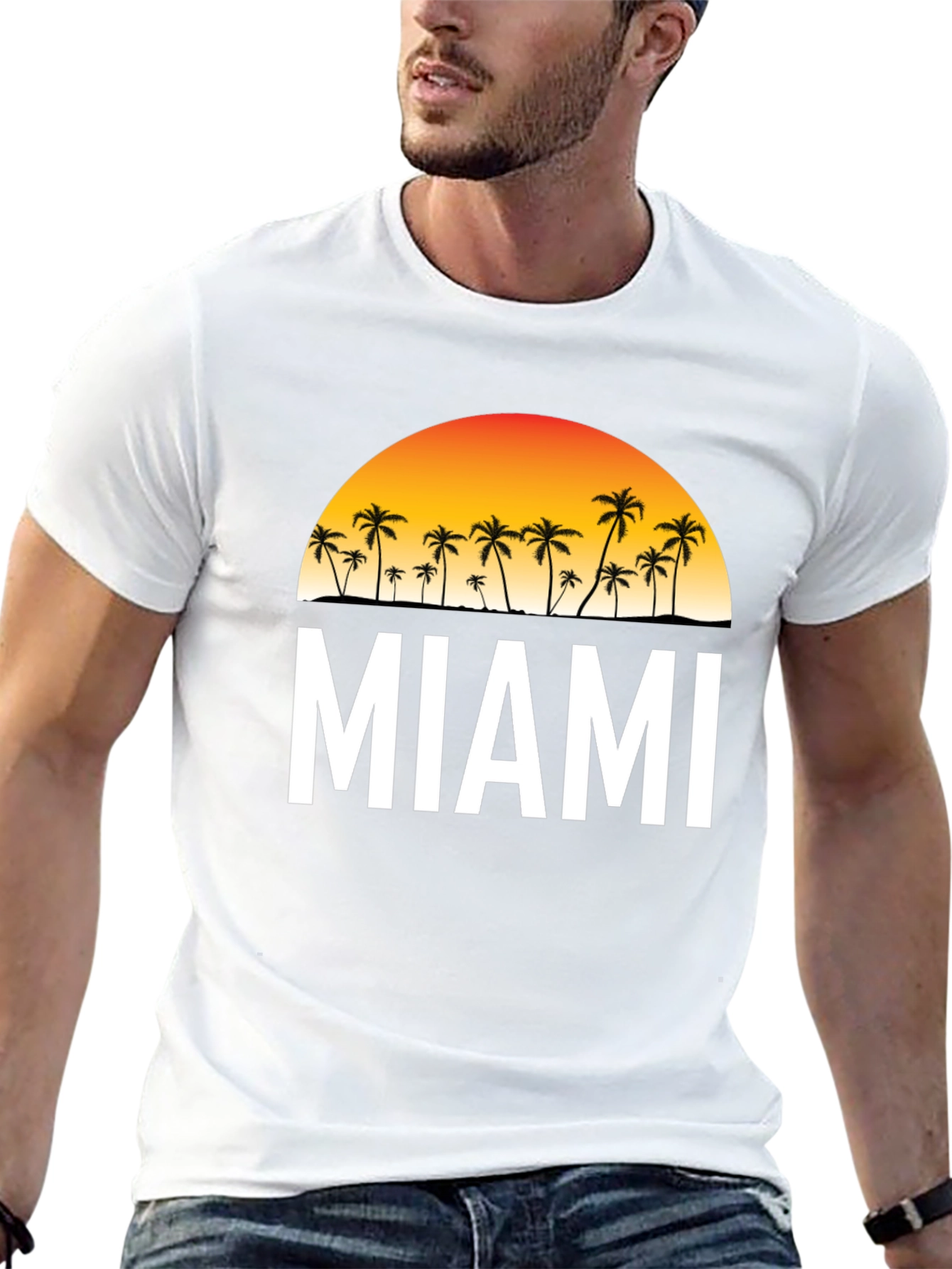 Miami Palm Tree Sunset Black T-Shirt