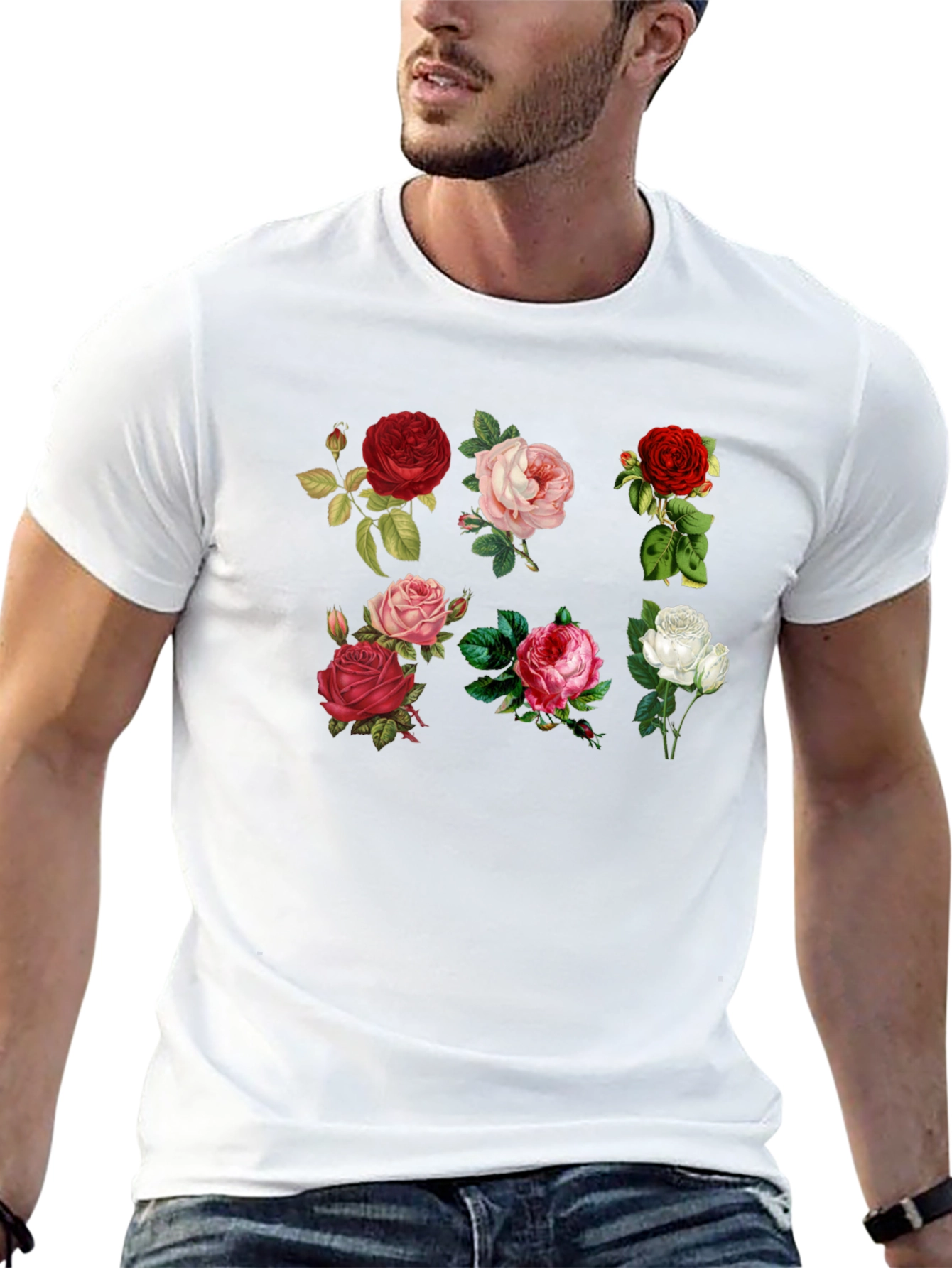 Floral Roses Print Black T-Shirt