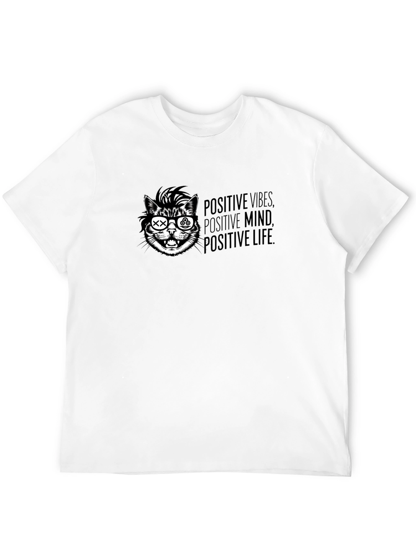 Positive Vibes Cat T-Shirt - Graphic Print Black Tee