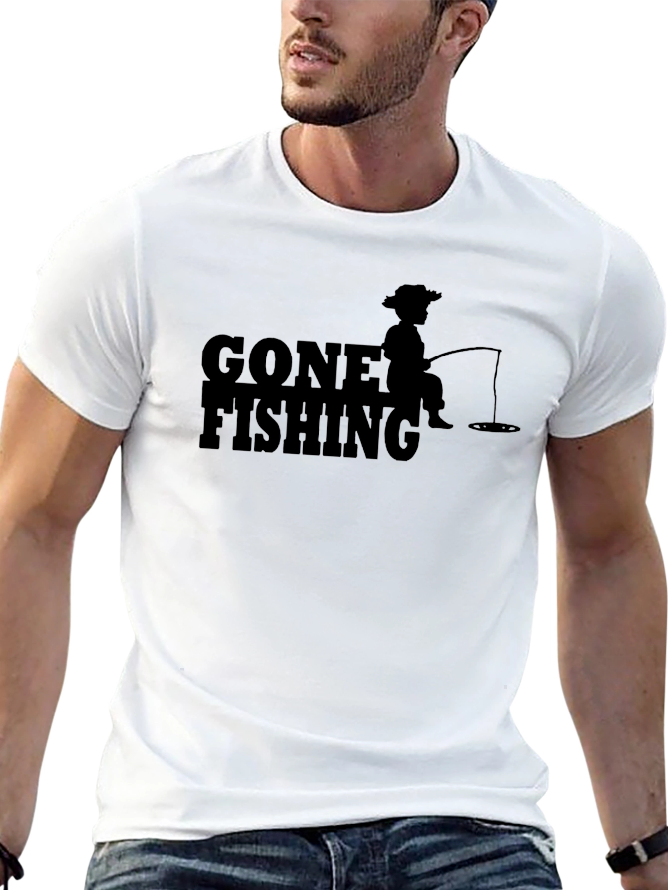 Gone Fishing Graphic T-Shirt - Solid Black Casual Tee