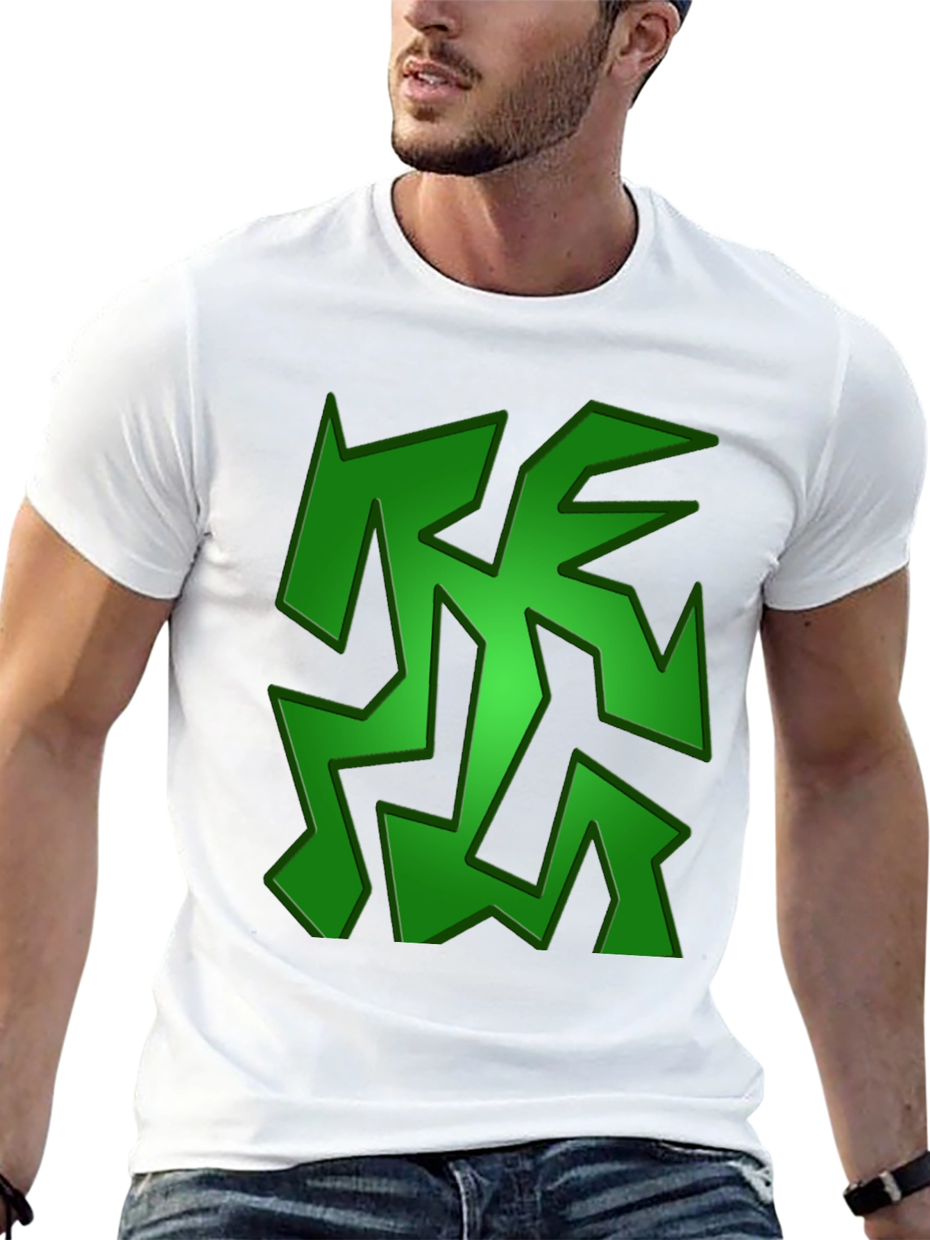 Green Abstract Design Black T-Shirt