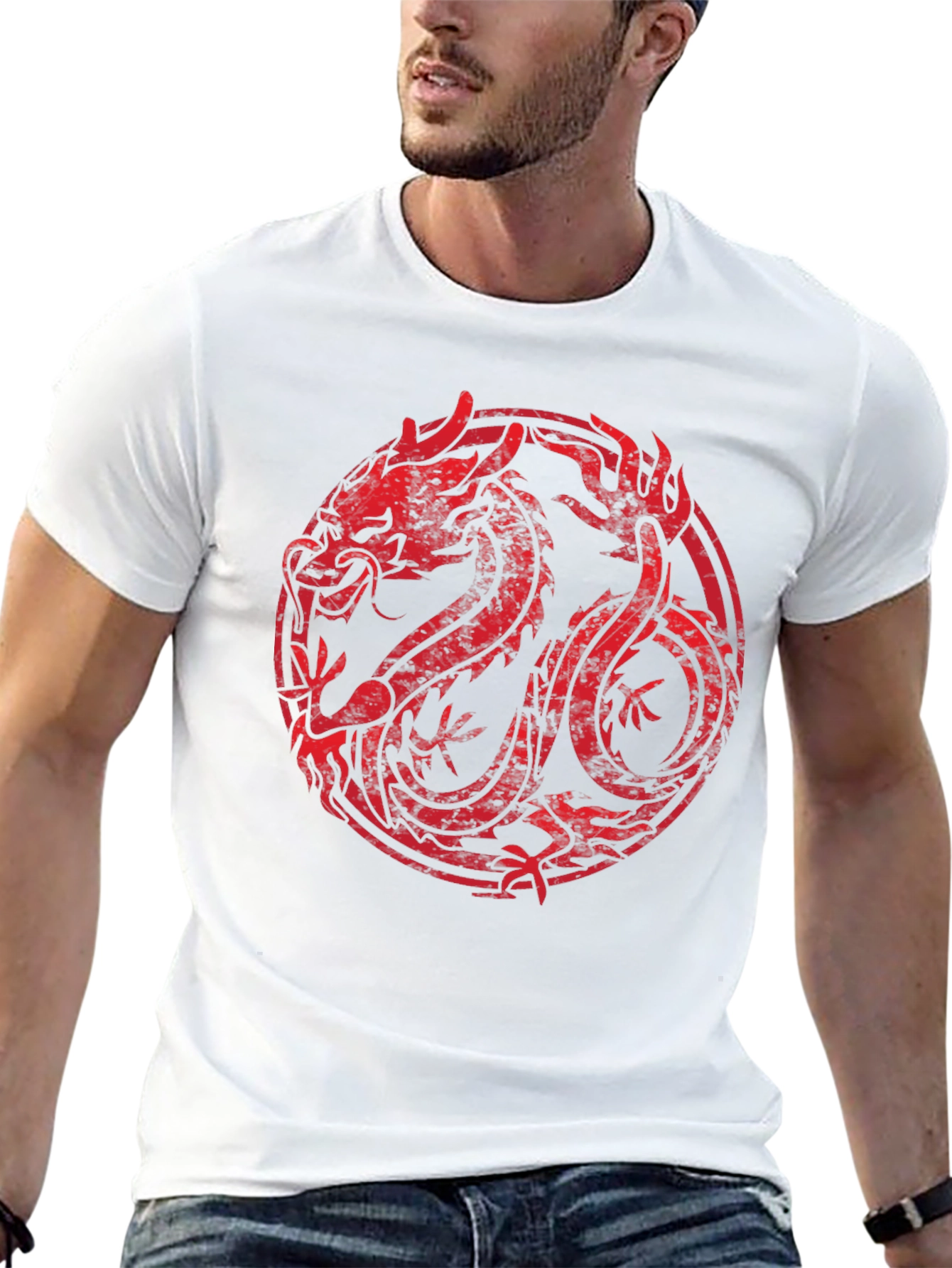 Red Dragon Circle Graphic Black T-Shirt