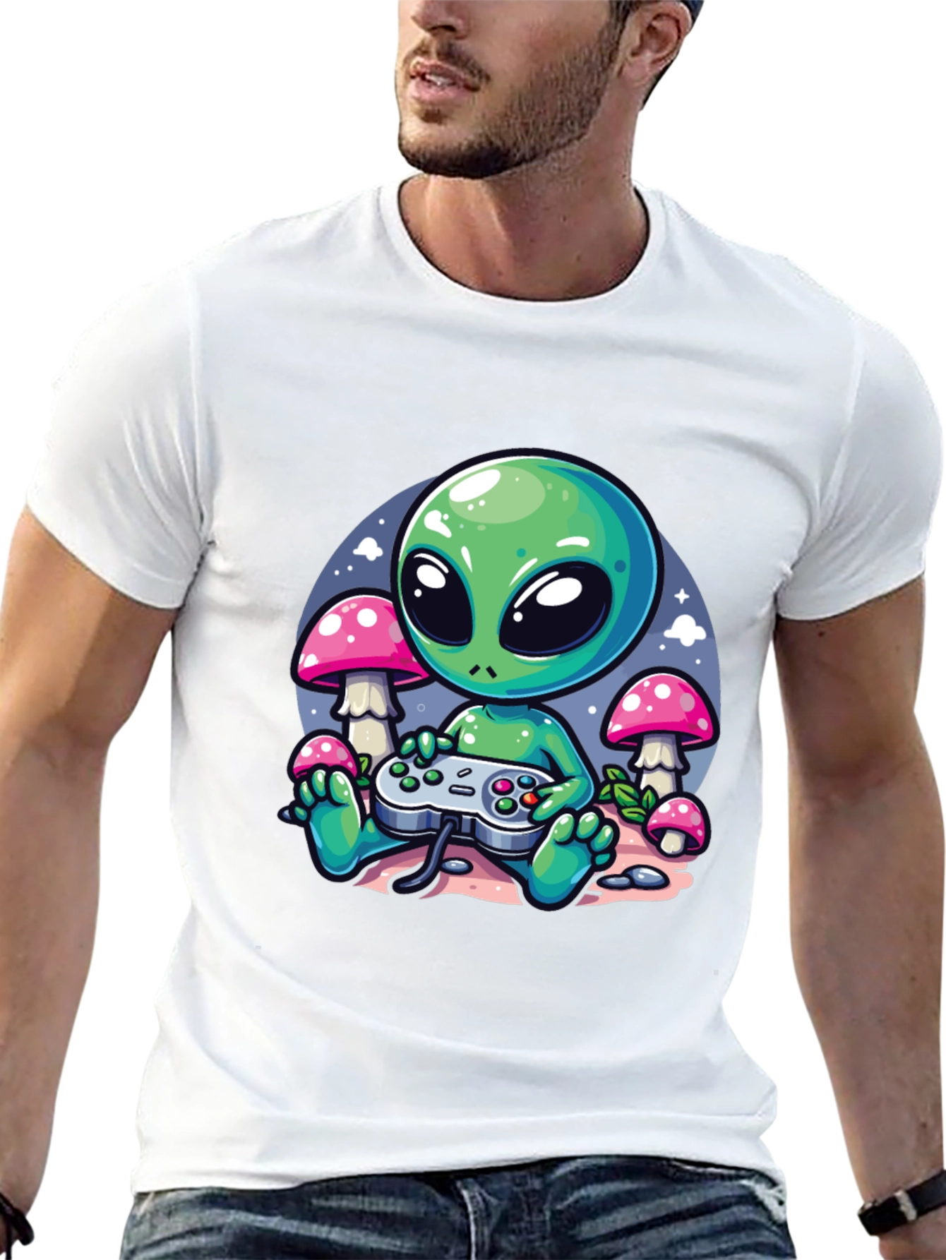 Alien Gamer Graphic Tee - Black Cotton T-Shirt