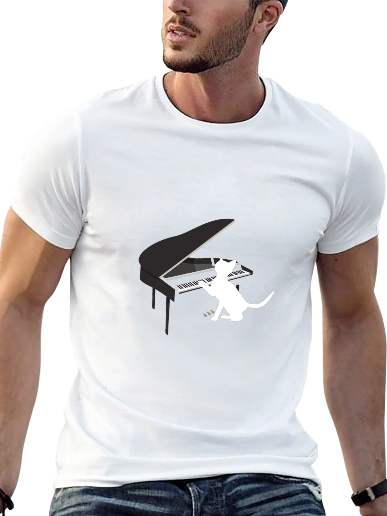 Cat Playing Piano Graphic Tee - Black