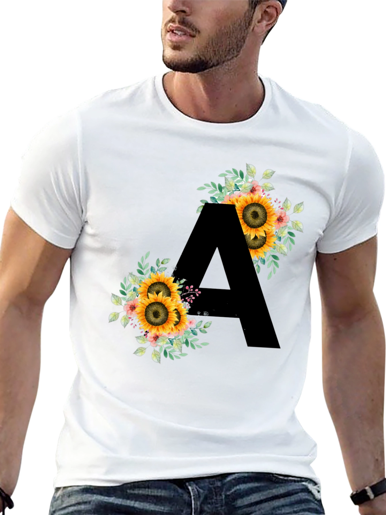 Floral Sunflower Letter A Black T-Shirt
