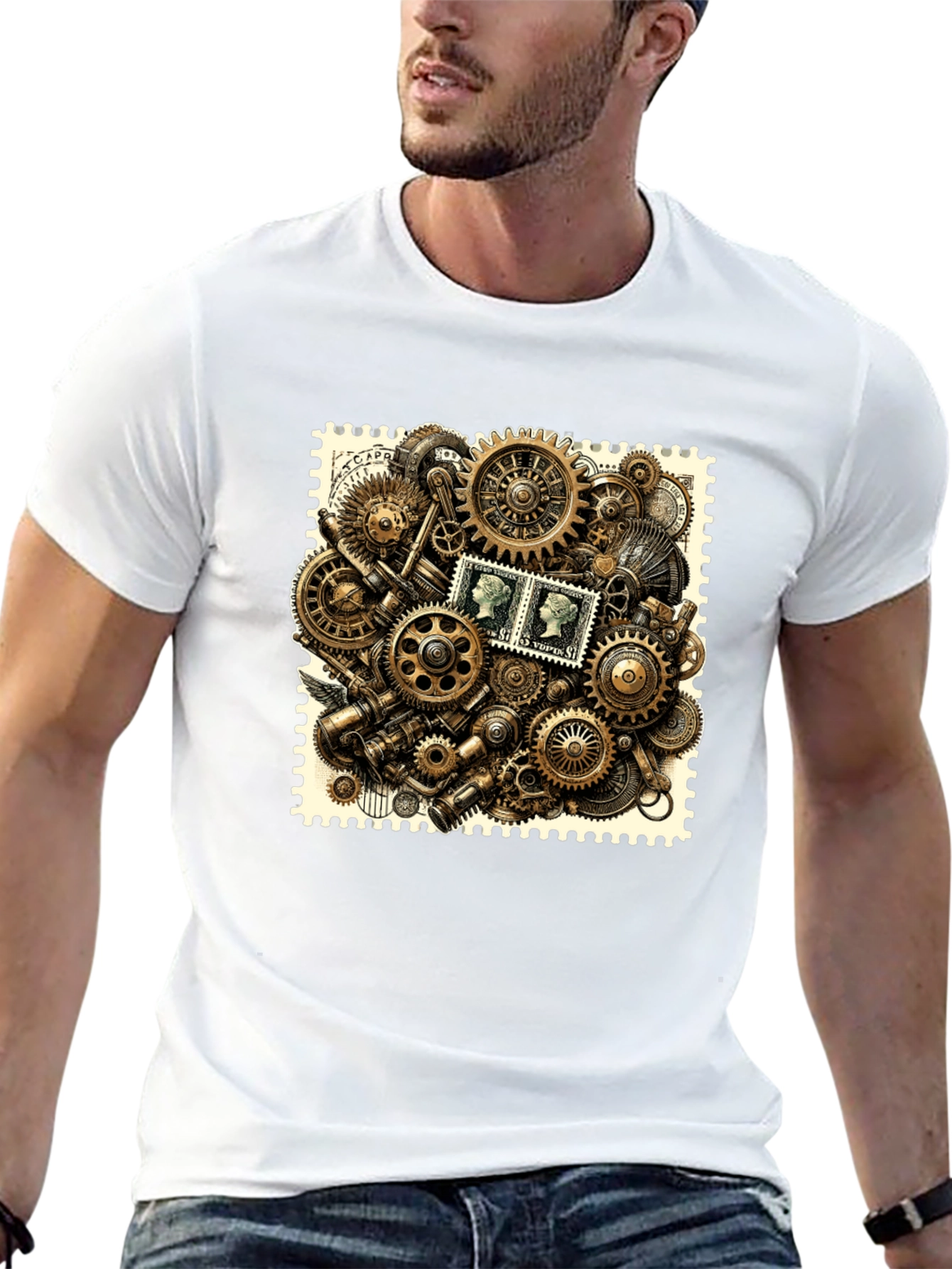 Steampunk Gears & Stamp Print Black T-Shirt
