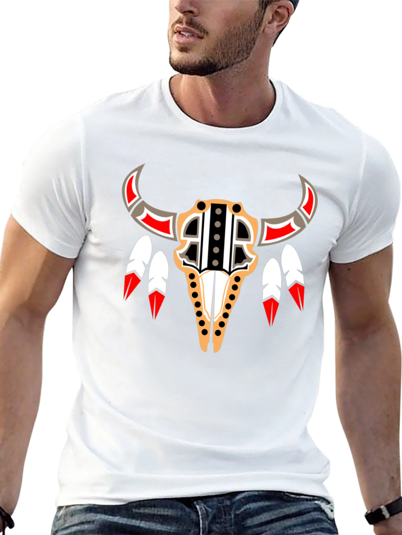 Tribal Bull Skull Graphic Tee - Black