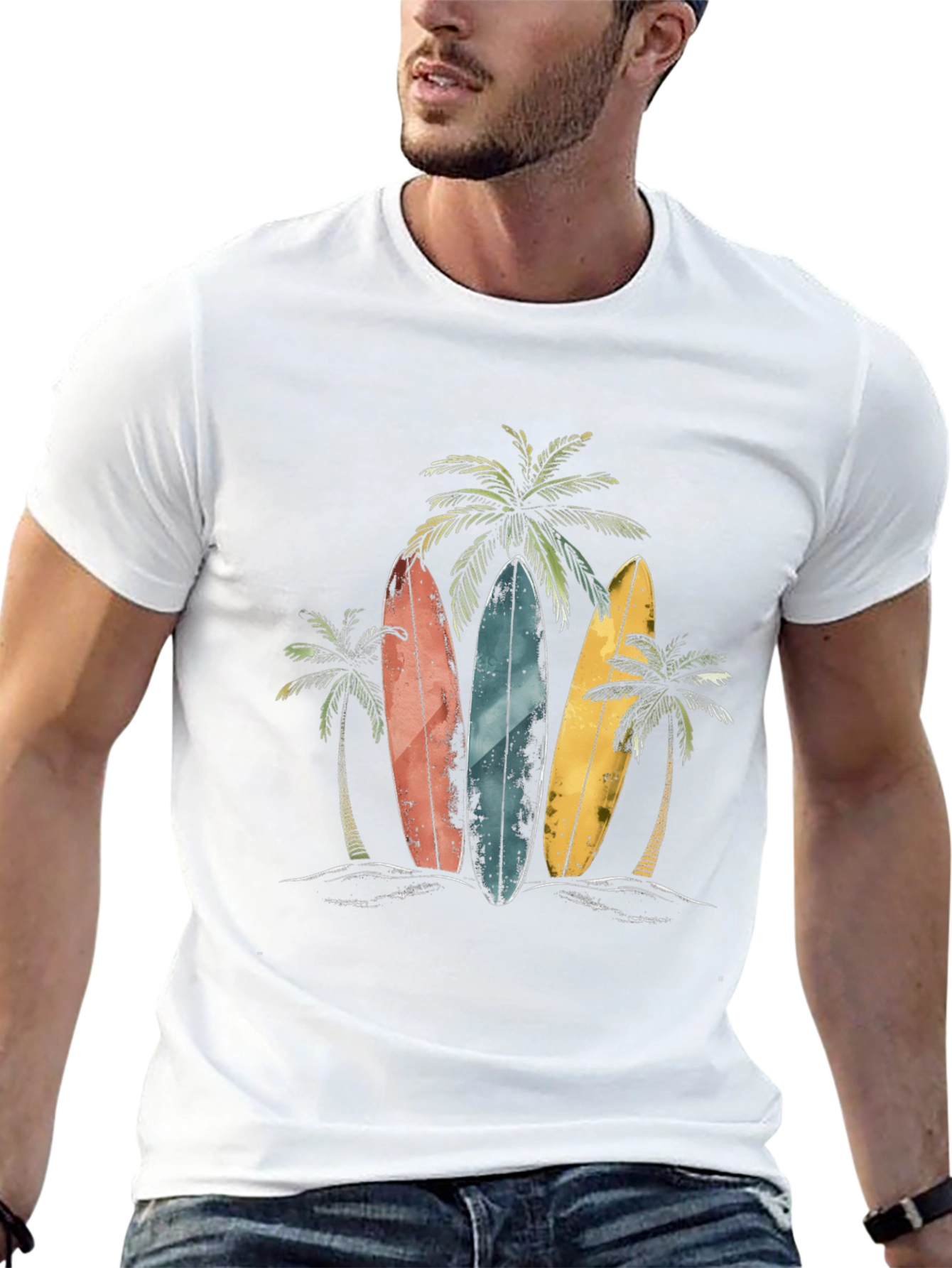 Surfboard Beach T-Shirt with Palm Tree Design