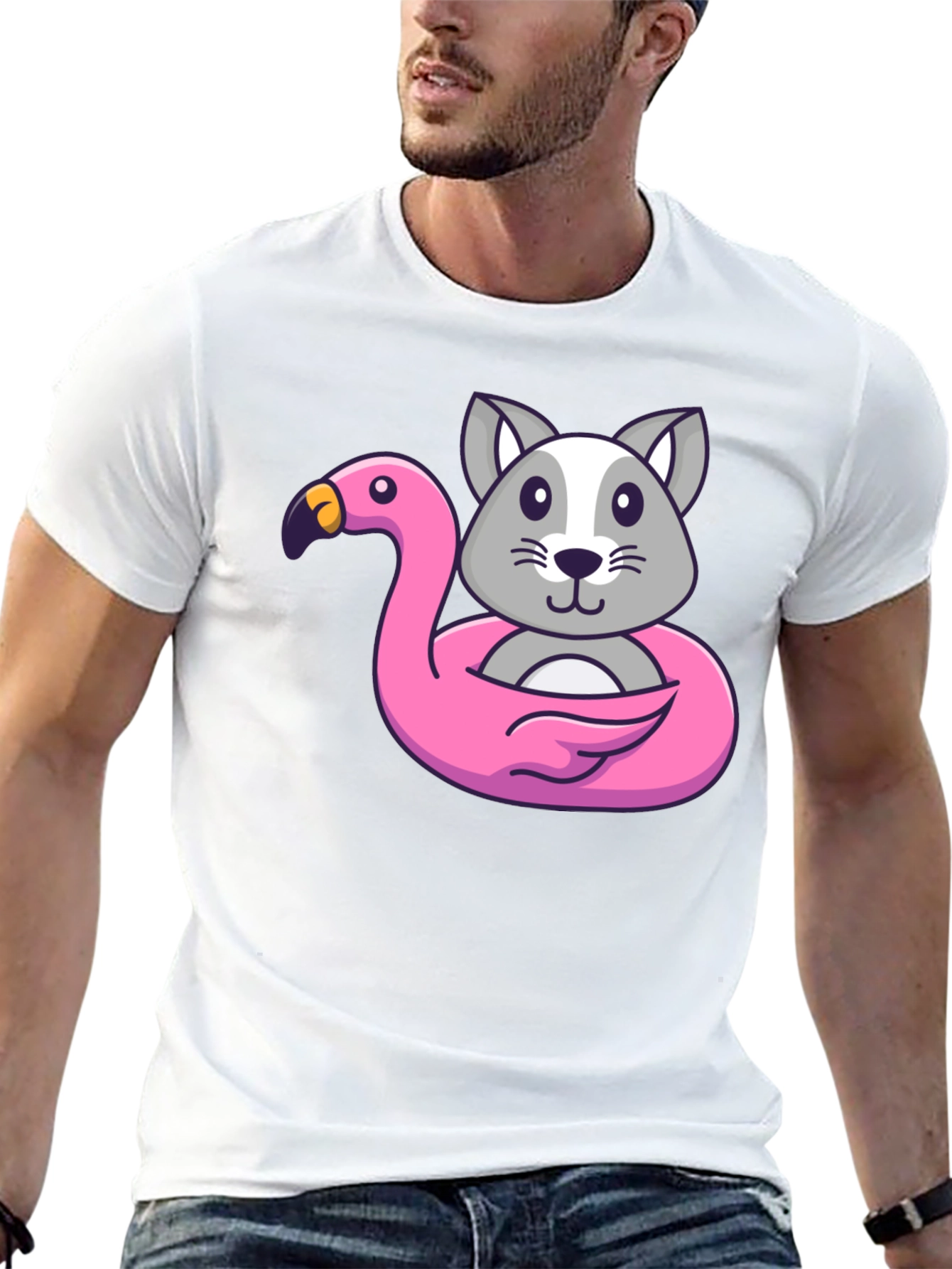 Cute Cartoon Cat Flamingo Float T-Shirt