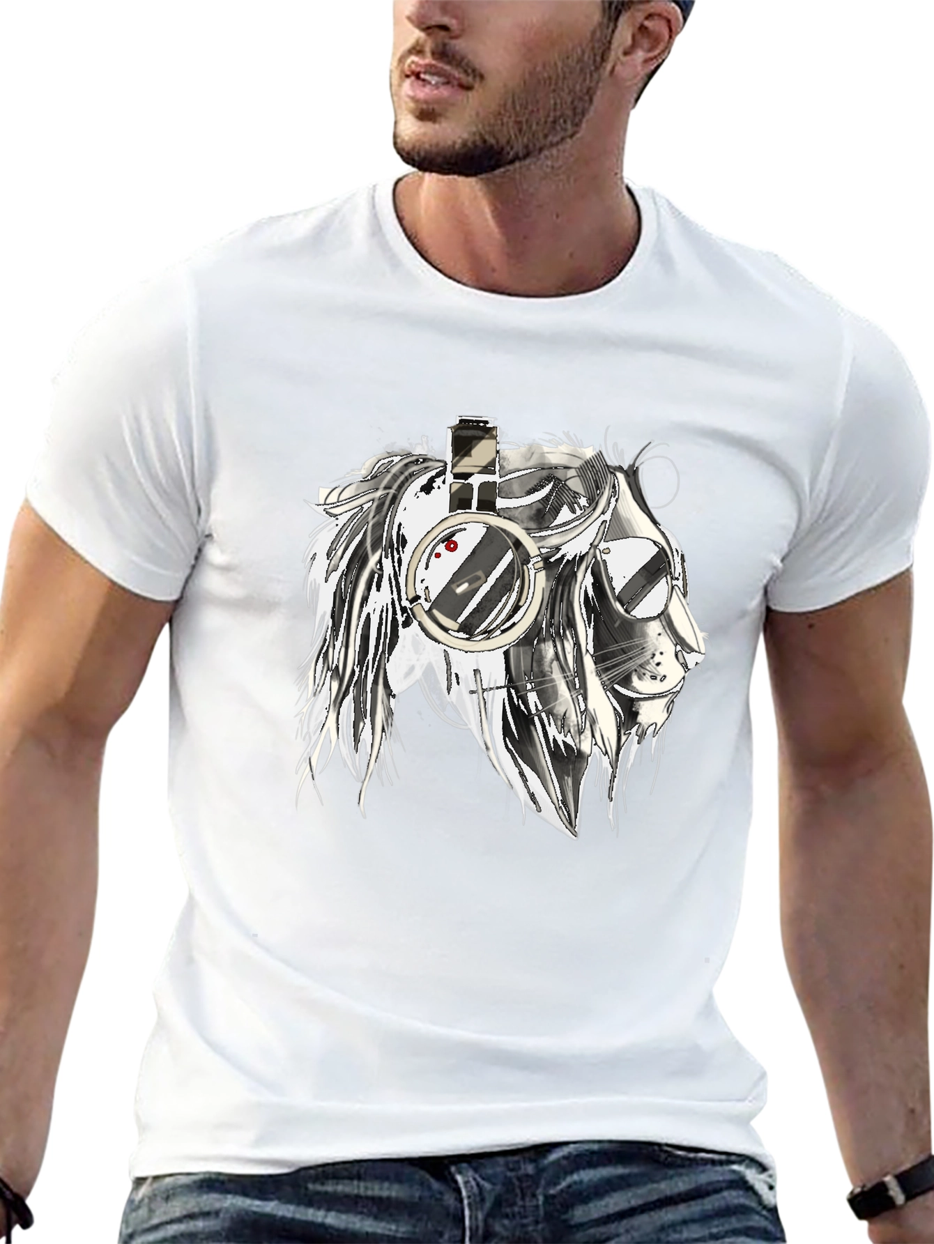 Lion with Headphones Graphic Black T-Shirt