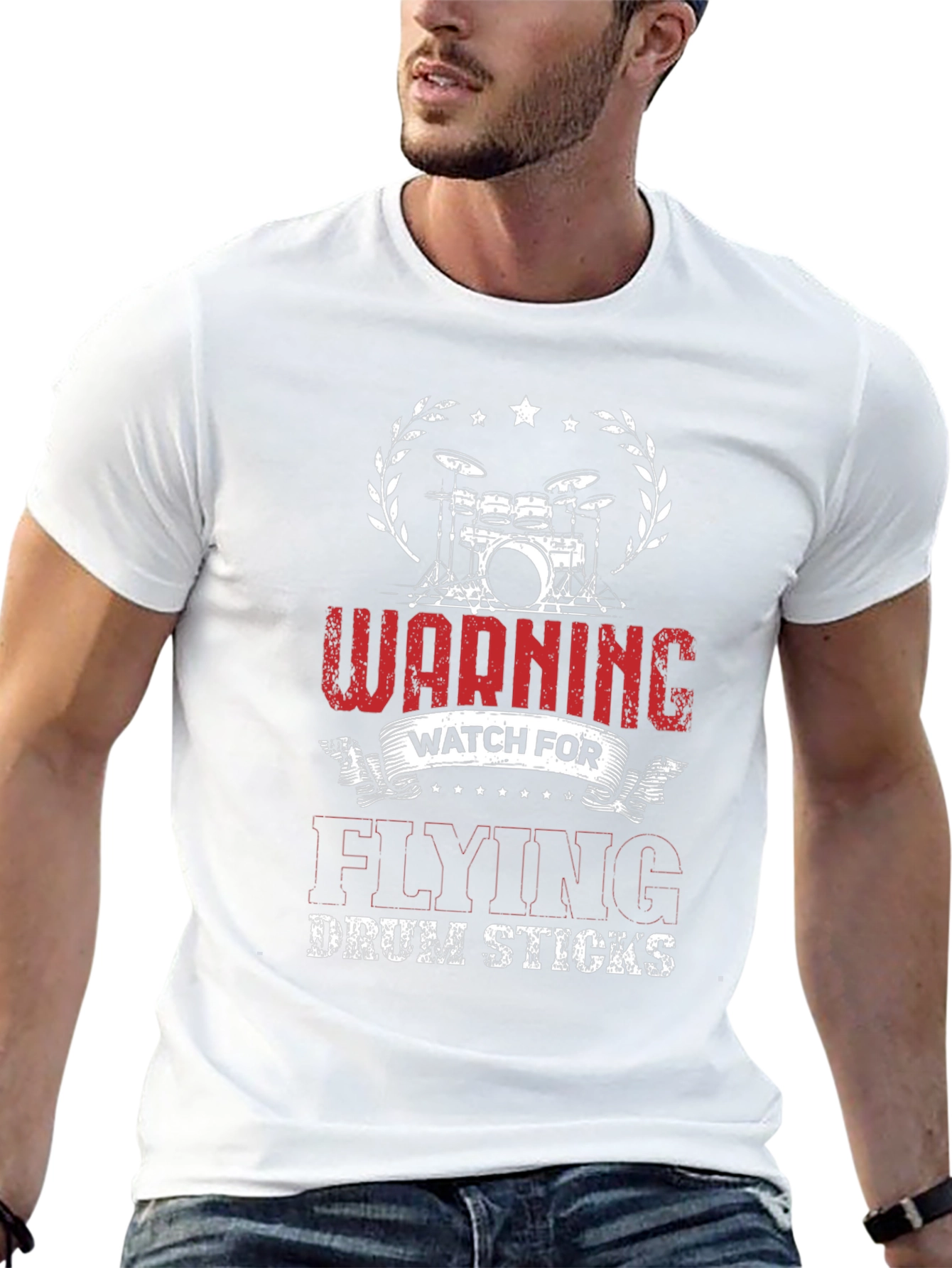Warning Flying Drum Sticks Black T-Shirt