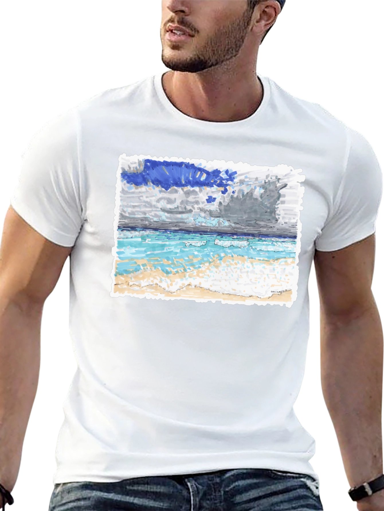 Ocean Beach Painting on Black T-Shirt