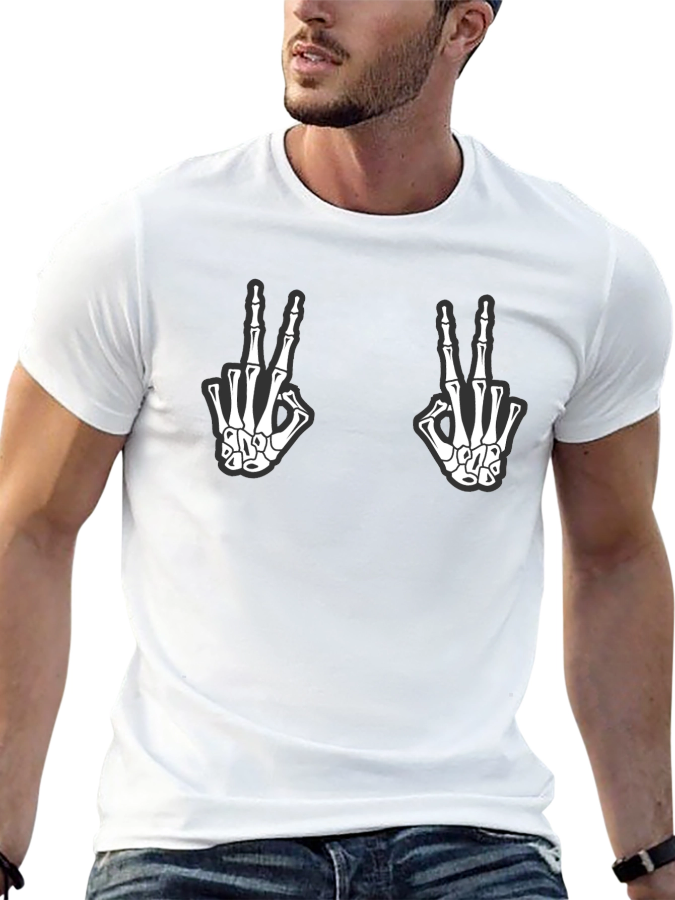 Skeleton Hand Peace Sign Graphic T-Shirt