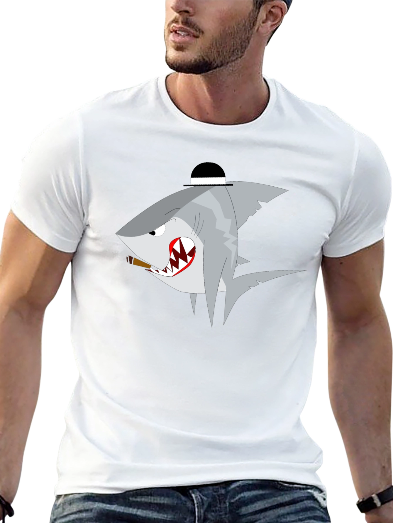 Shark with Hat Graphic T-Shirt - Novelty Tee