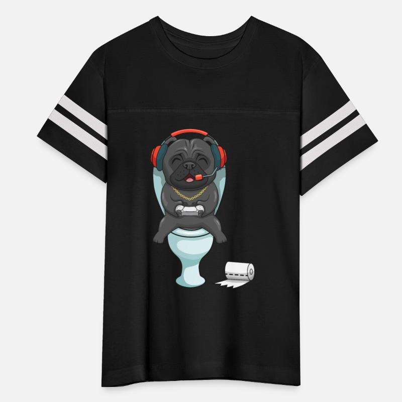 Hardcore gamer pug playing on the toilet
