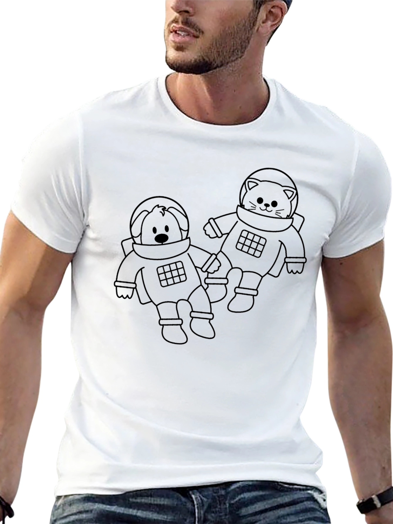 Astronaut Cat & Dog Unisex Black T-Shirt