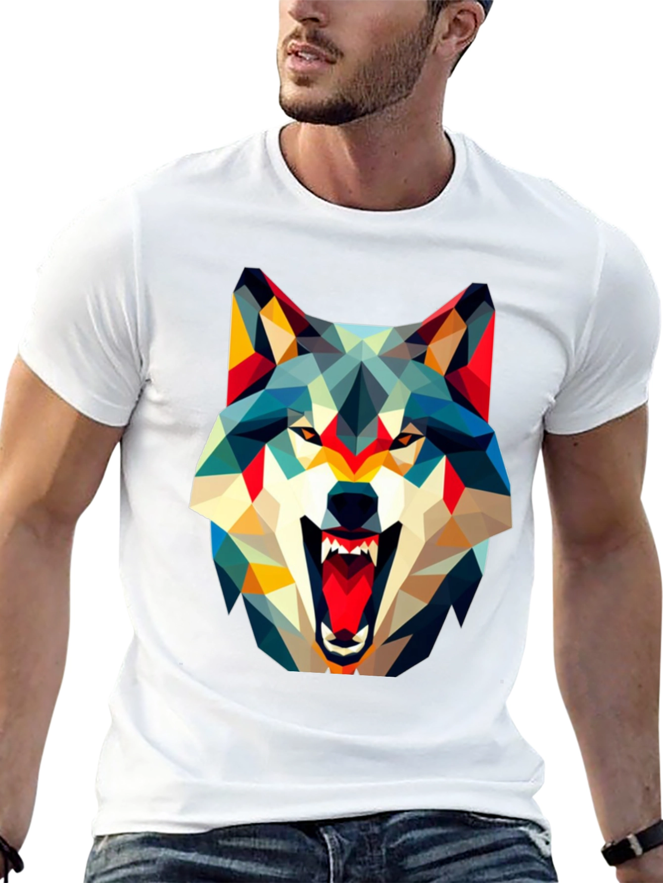Geometric Wolf Graphic Black T-Shirt