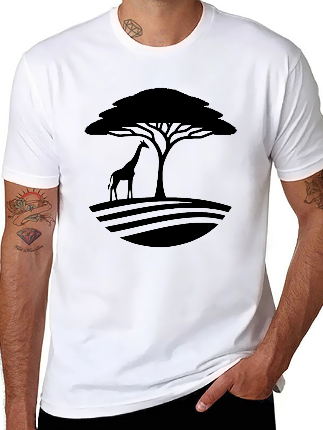 Silhouette Giraffe and Tree Black T-Shirt