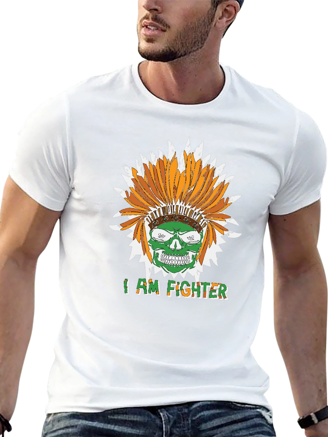 I Am Fighter Headdress Skull Black T-Shirt