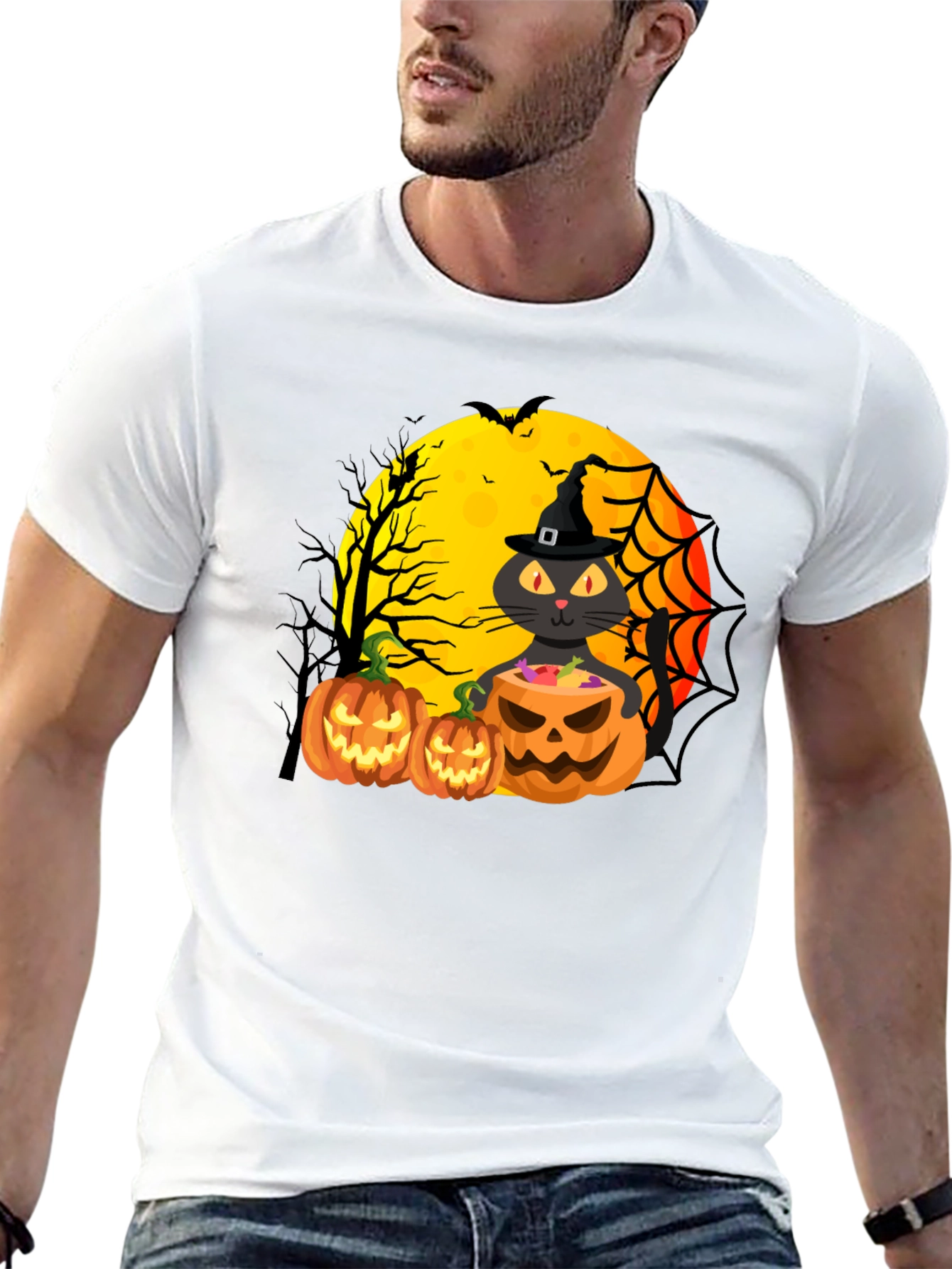 Halloween Cat & Pumpkins Black T-Shirt