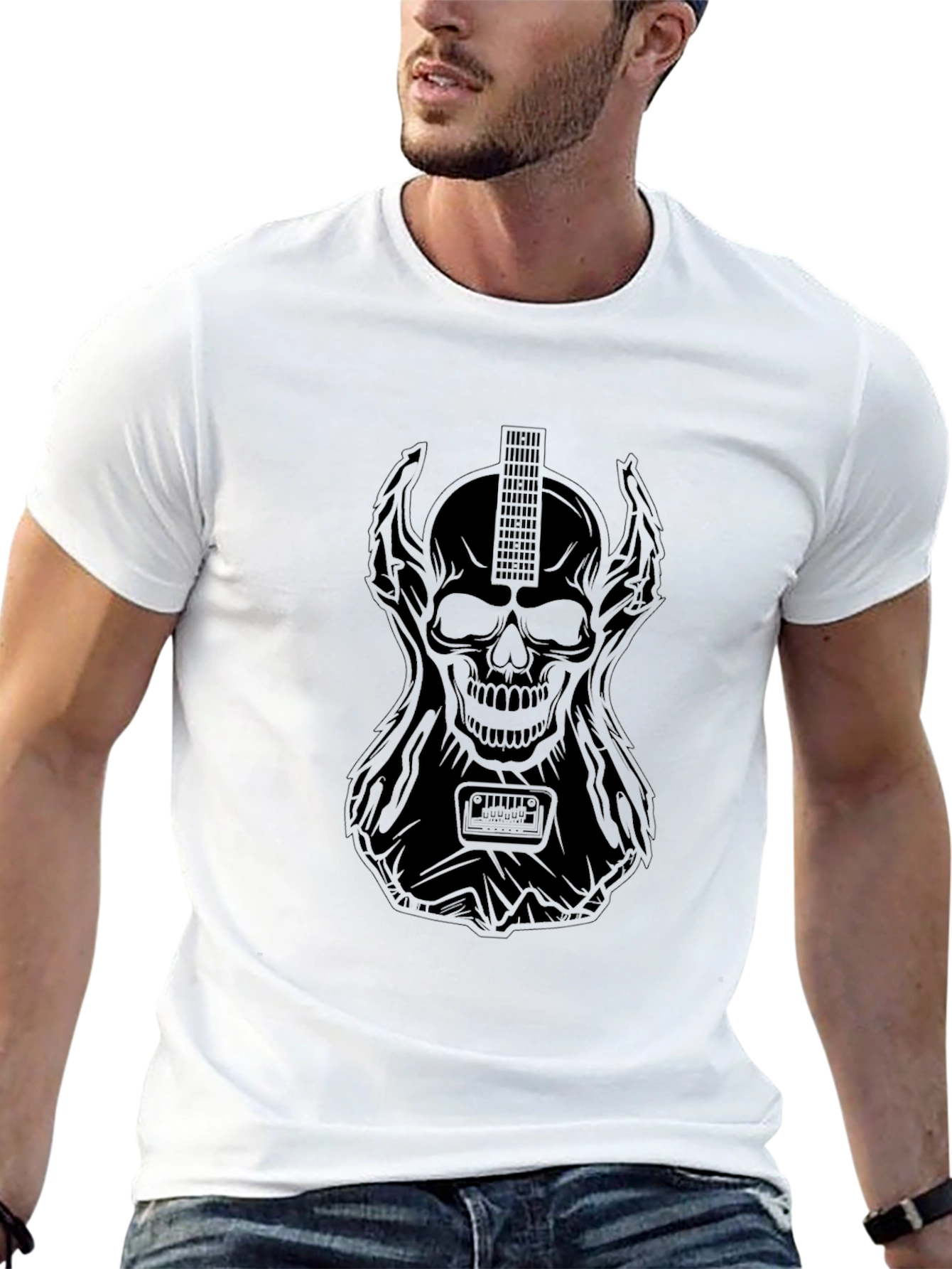 Skull Guitar Graphic T-Shirt - Black