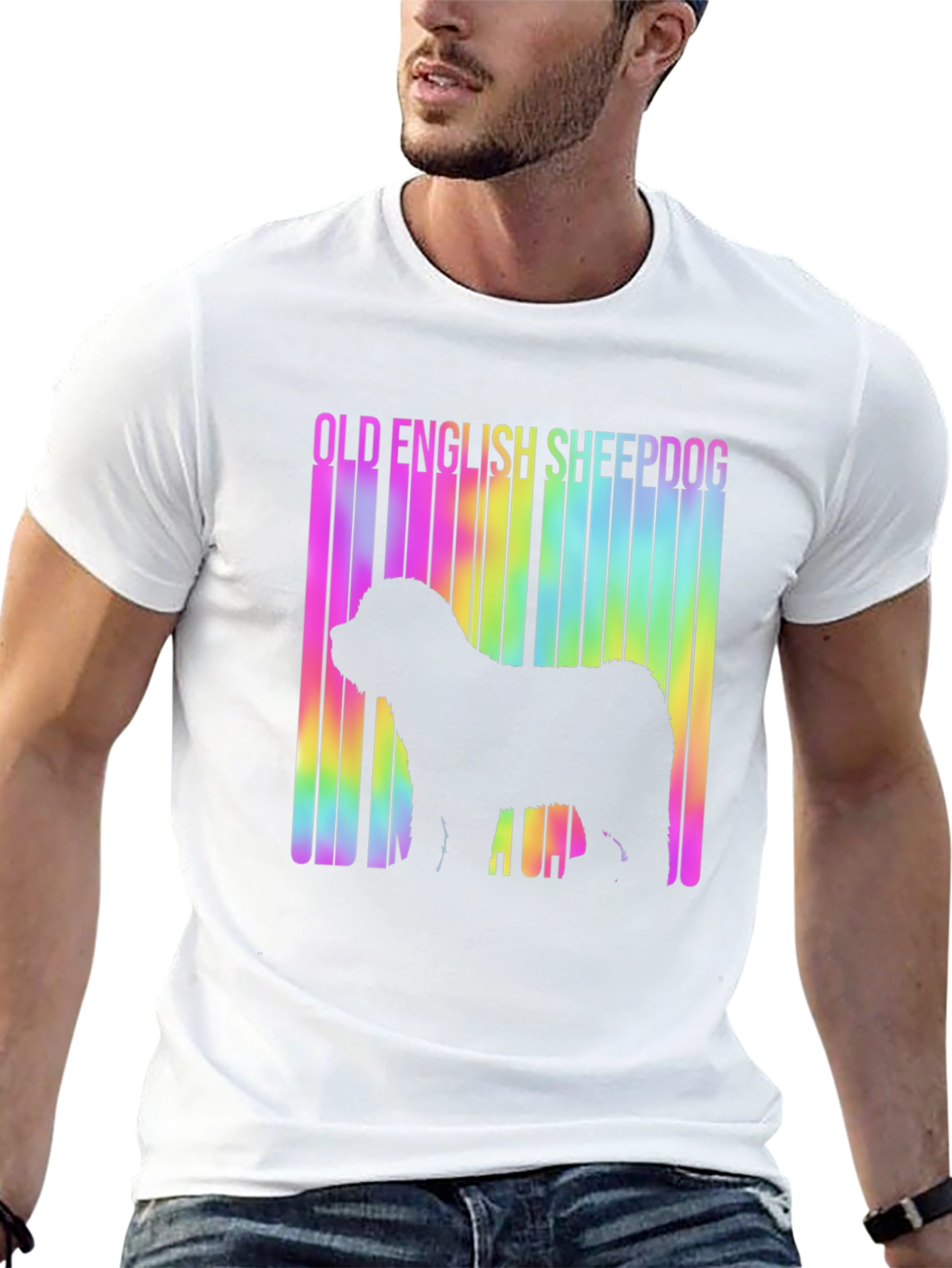 Old English Sheepdog T-Shirt: Rainbow Barcode Design
