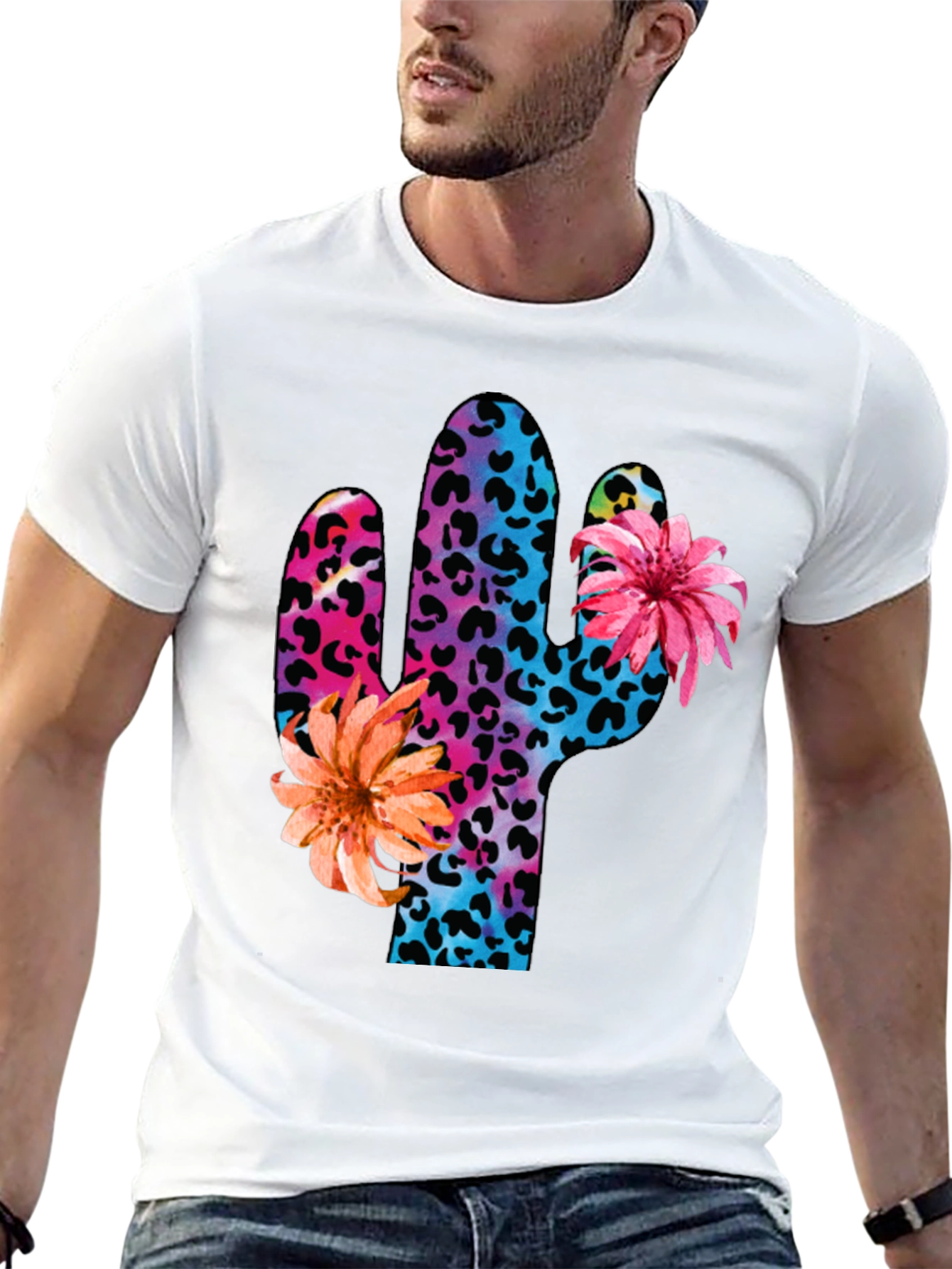 Mens Cactus Flower Print Crewneck T-Shirt