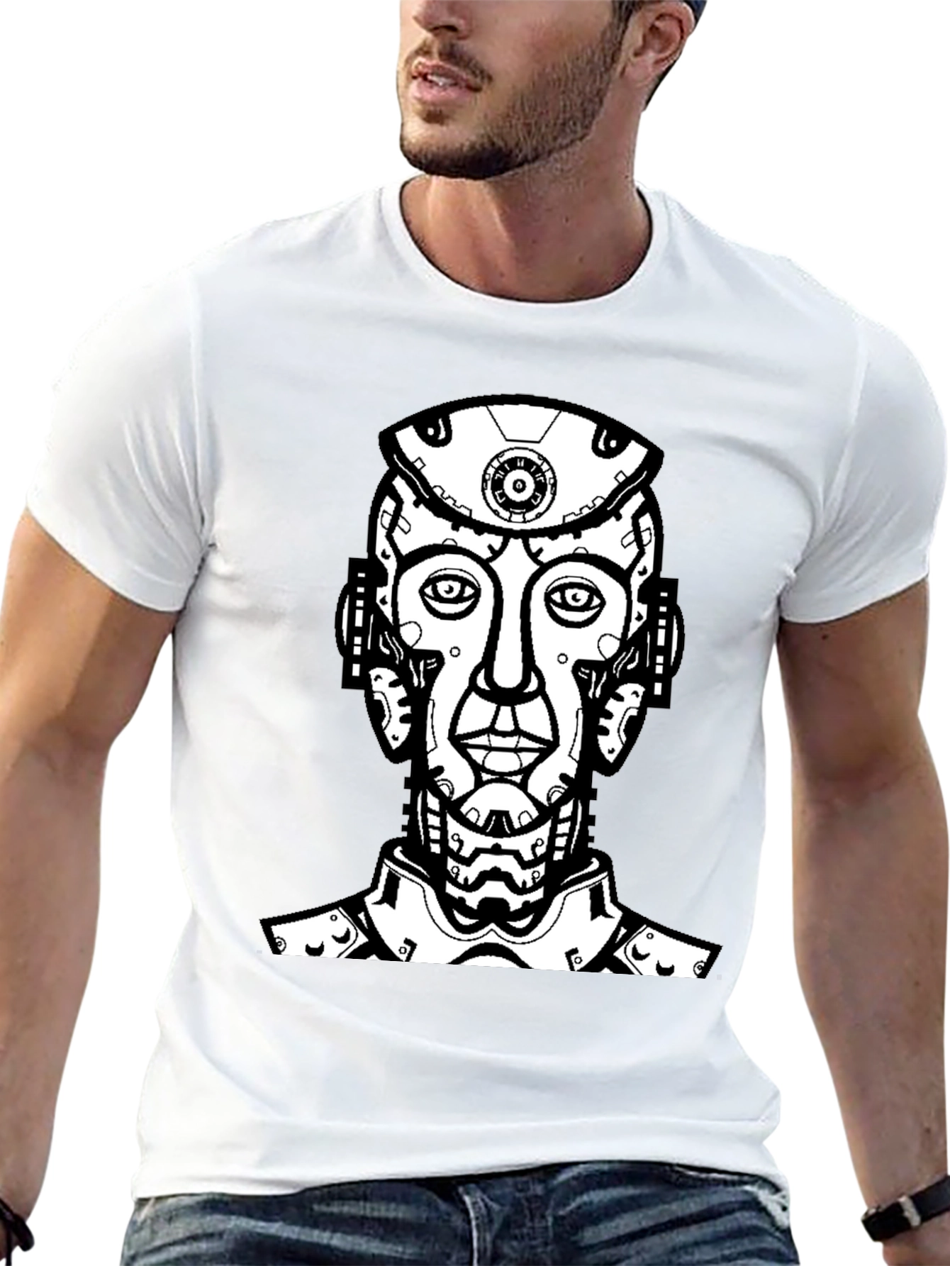 Black T-Shirt with Futuristic Robot Head Graphic