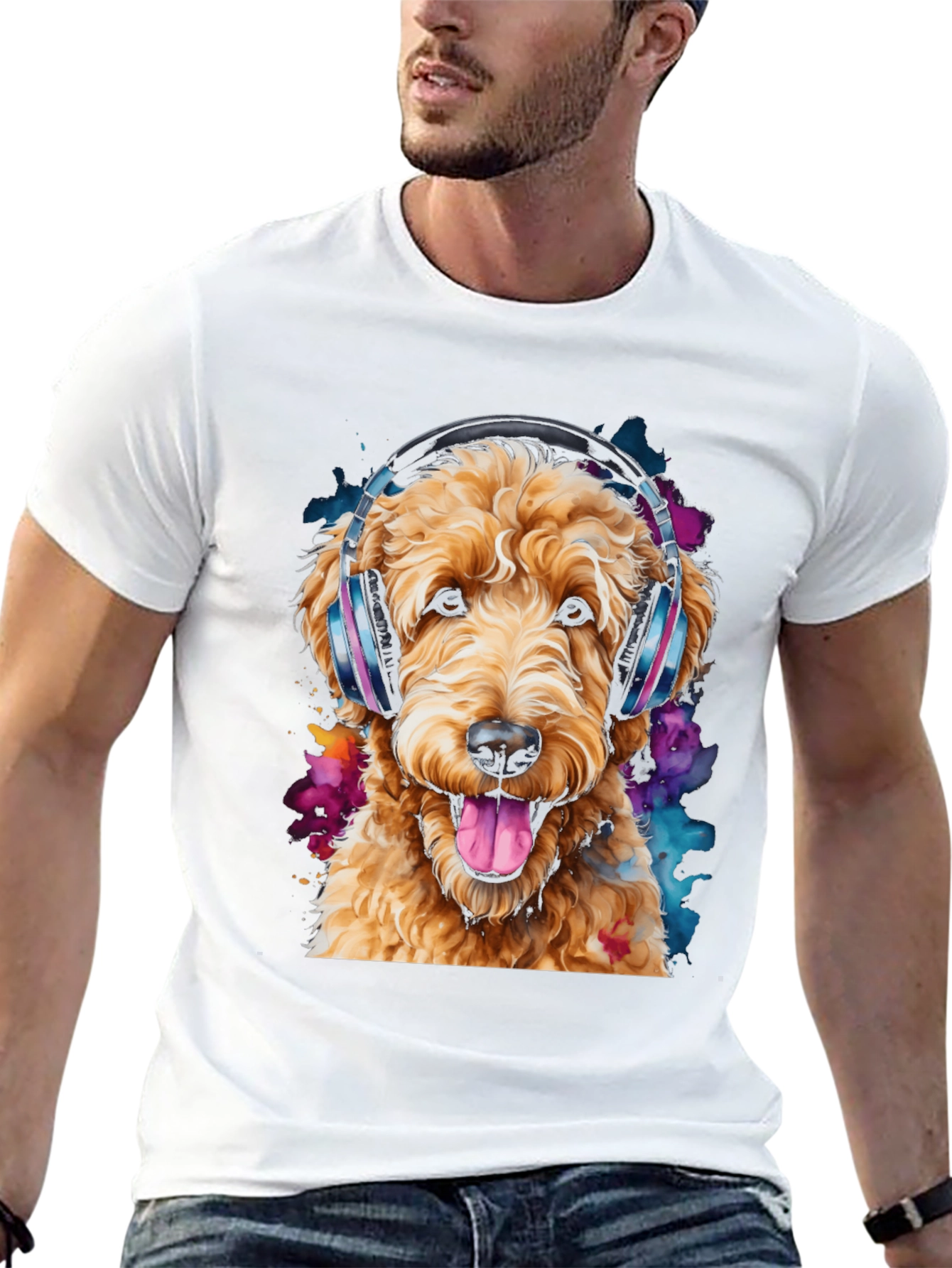 Dog with Headphones Black T-Shirt