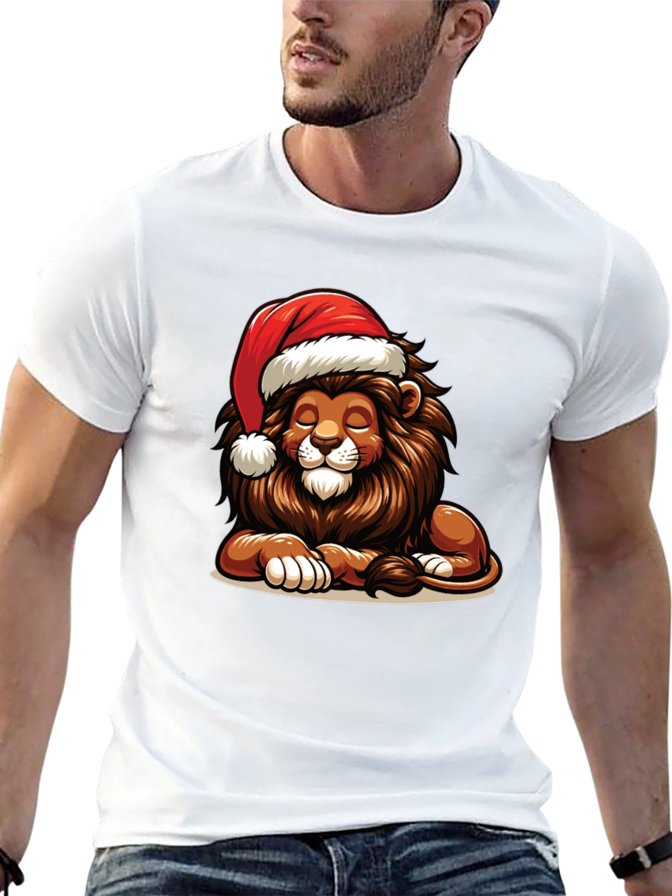 Lion in Santa Hat Graphic T-Shirt