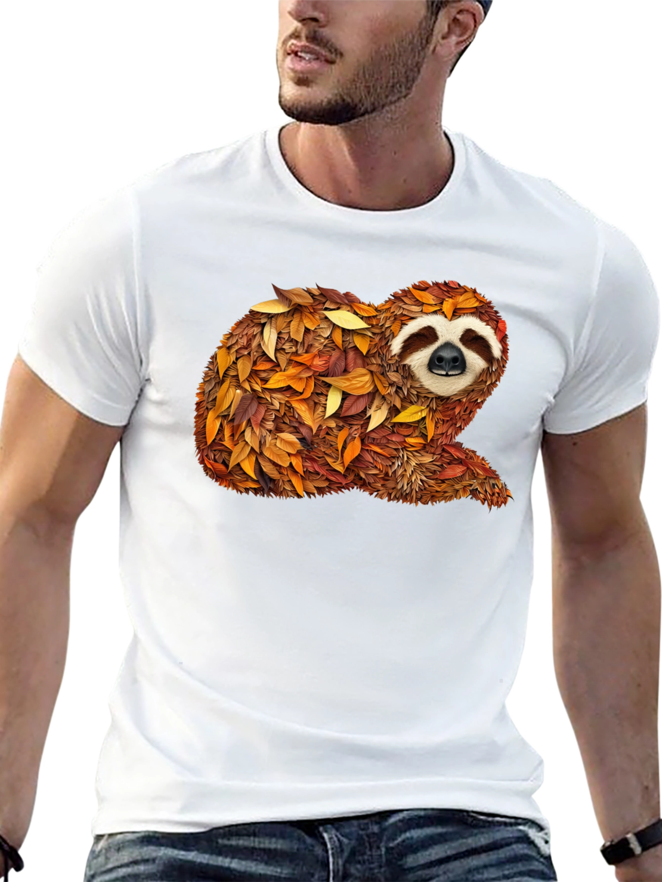 Autumn Sloth Tee - Unique Fall Leaves Design