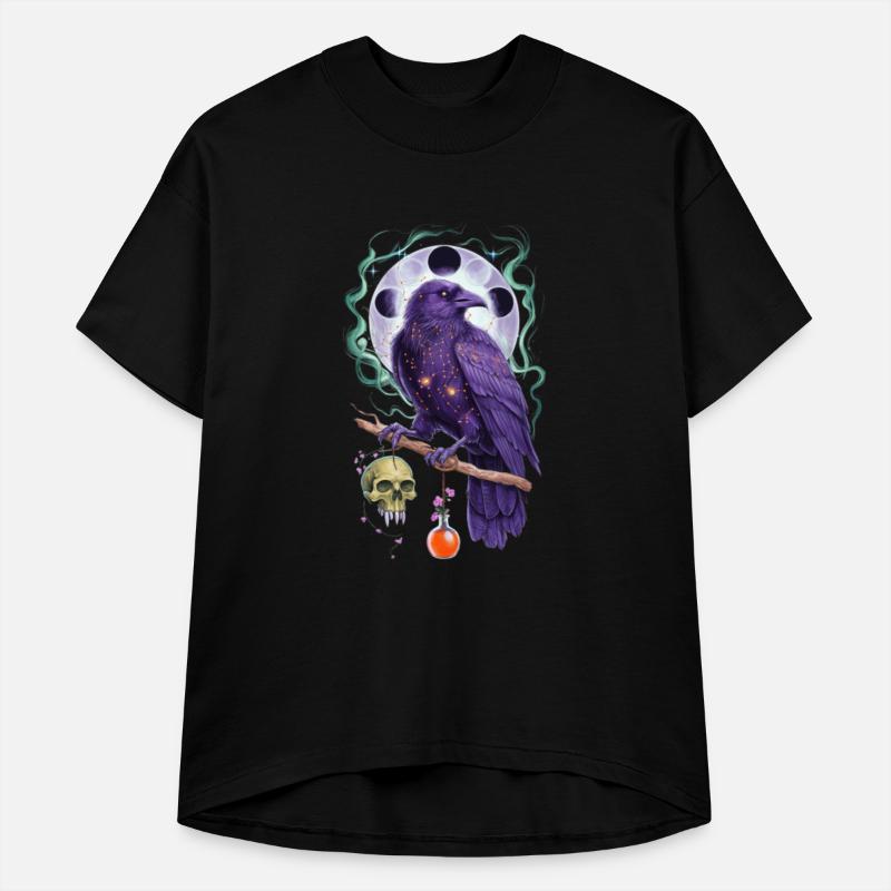 Mystical purple raven perched on a branch