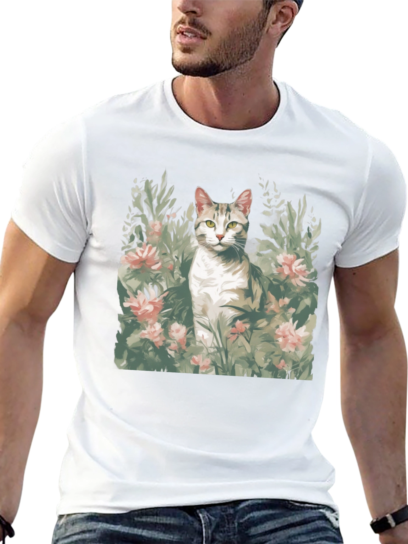 Cat in Flowers Graphic Tee - Unique Artistic Design