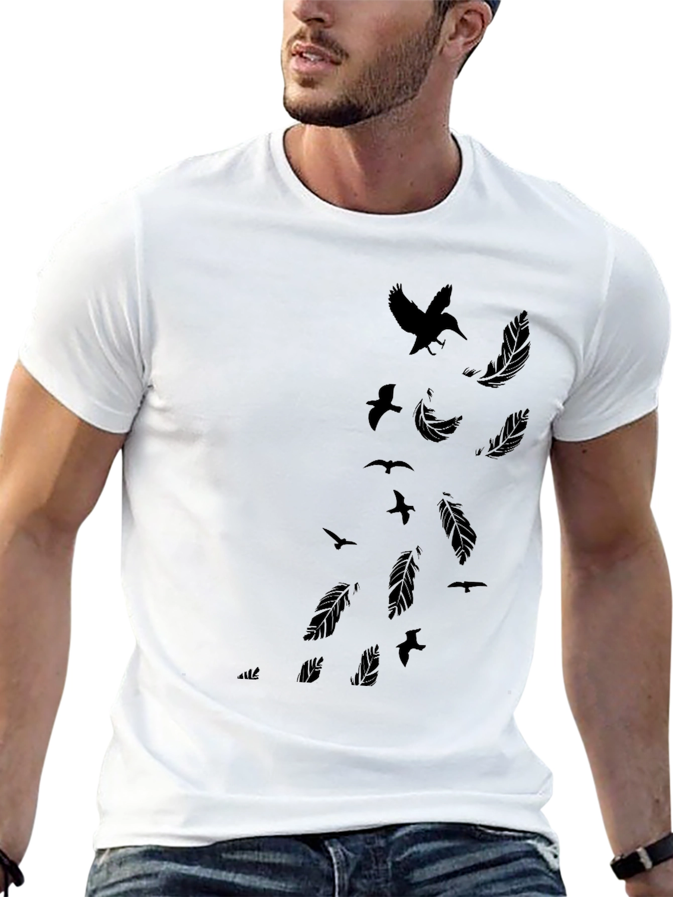 Mens Black T-Shirt - Feather & Bird Design