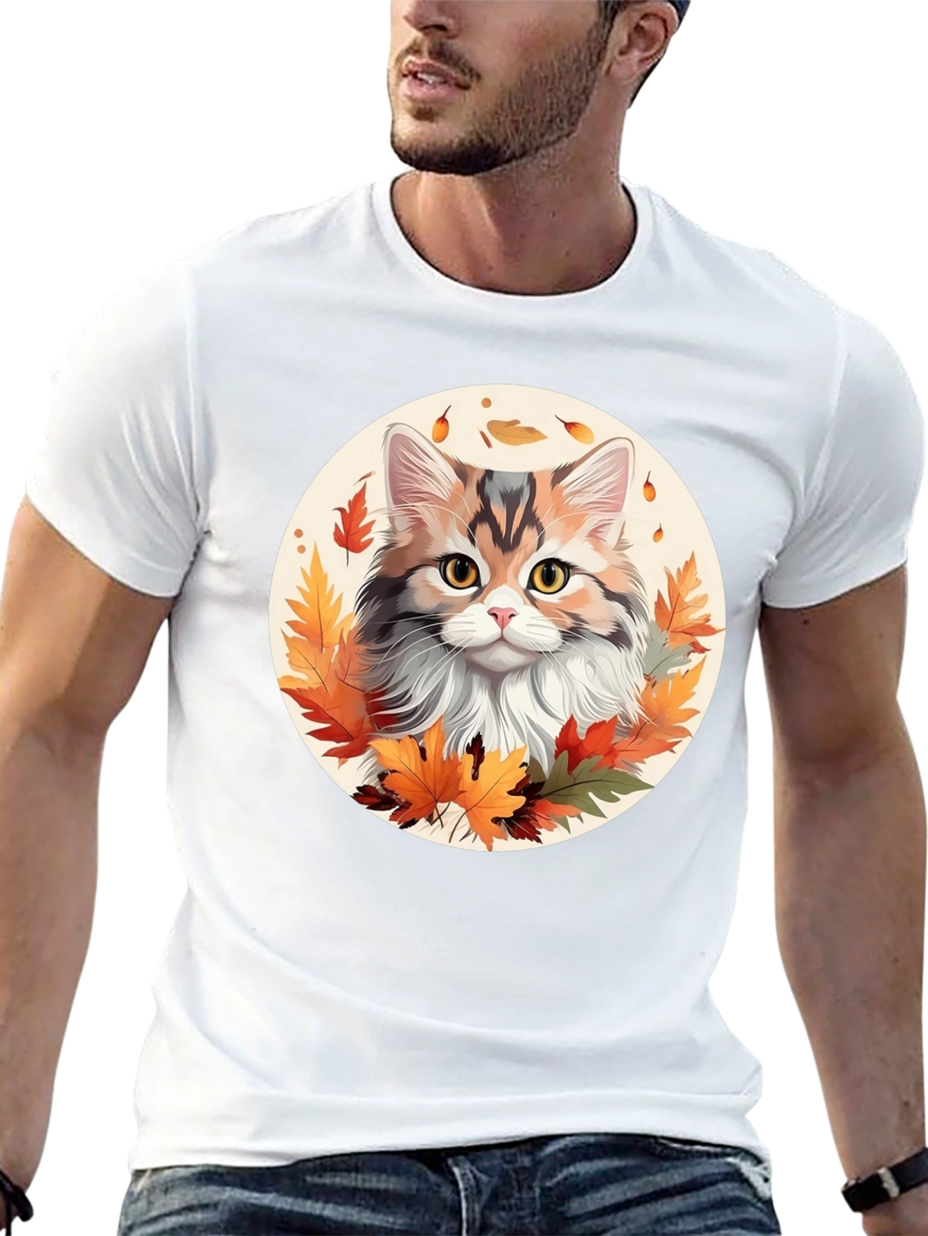 Autumn Cat T-Shirt - Fall Leaves Design