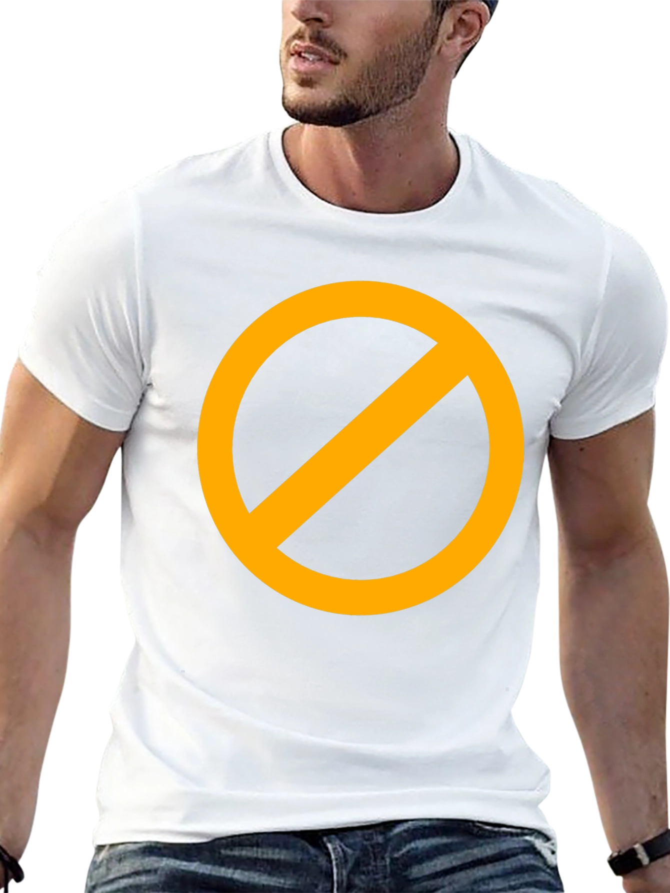 Black T-Shirt with Orange Circle Prohibition Symbol