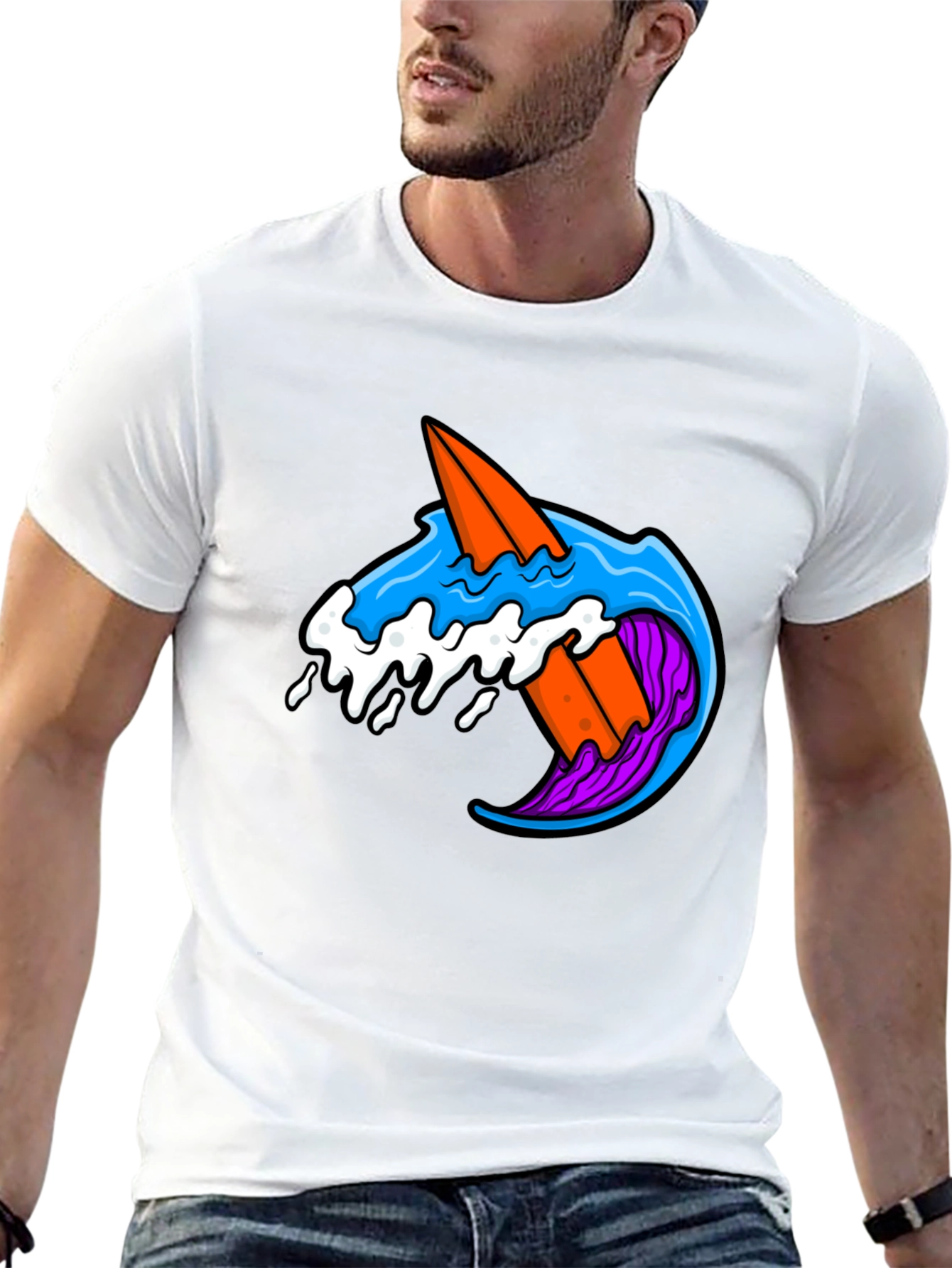Surfboard Wave Graphic Tee - Black Cotton T-Shirt