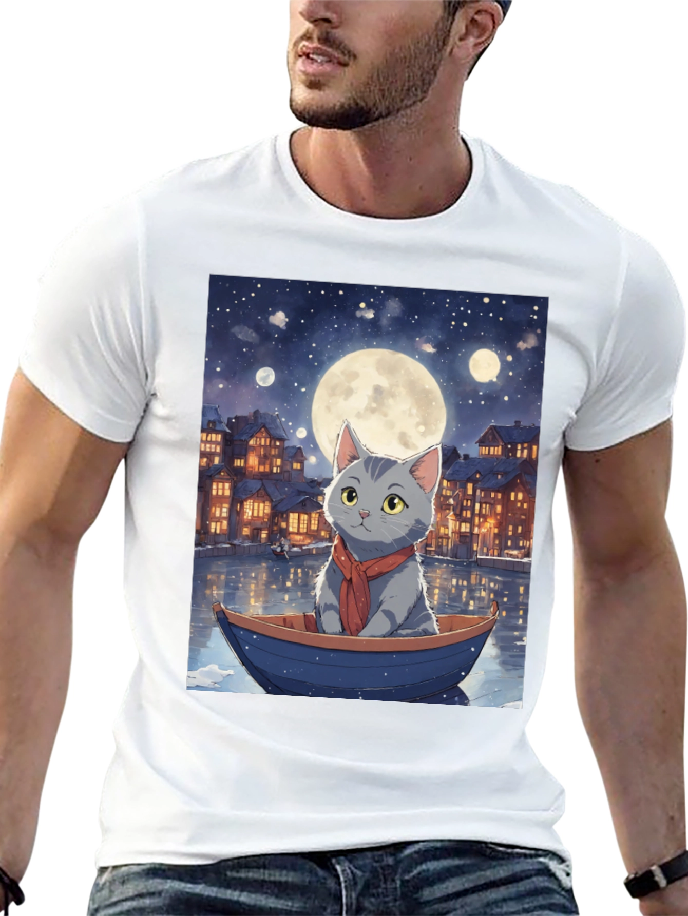Cat in Boat T-Shirt - Moonlit Adventure