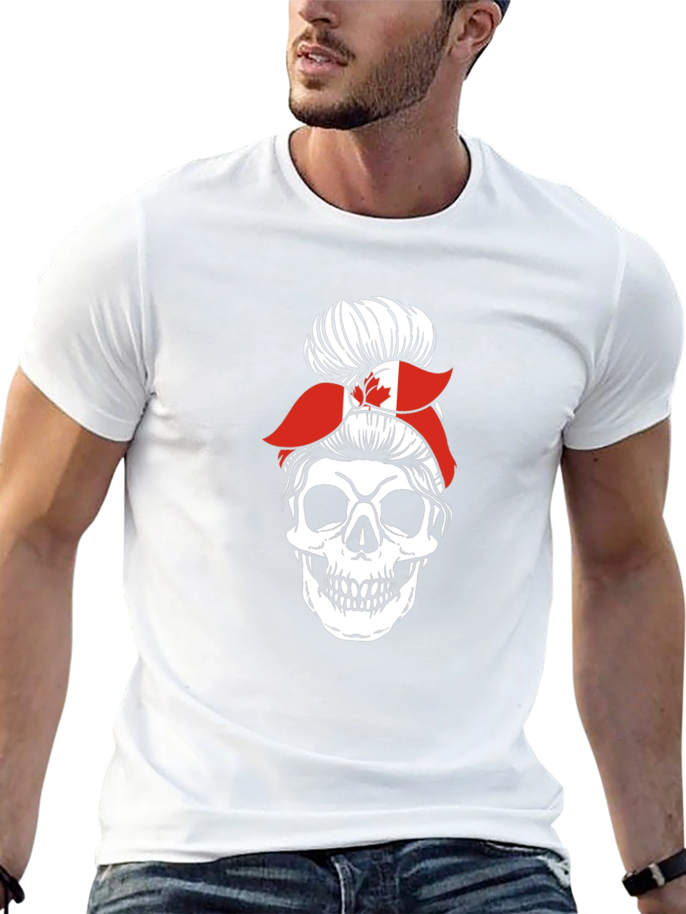 Skull Messy Bun Canada Flag Graphic Tee